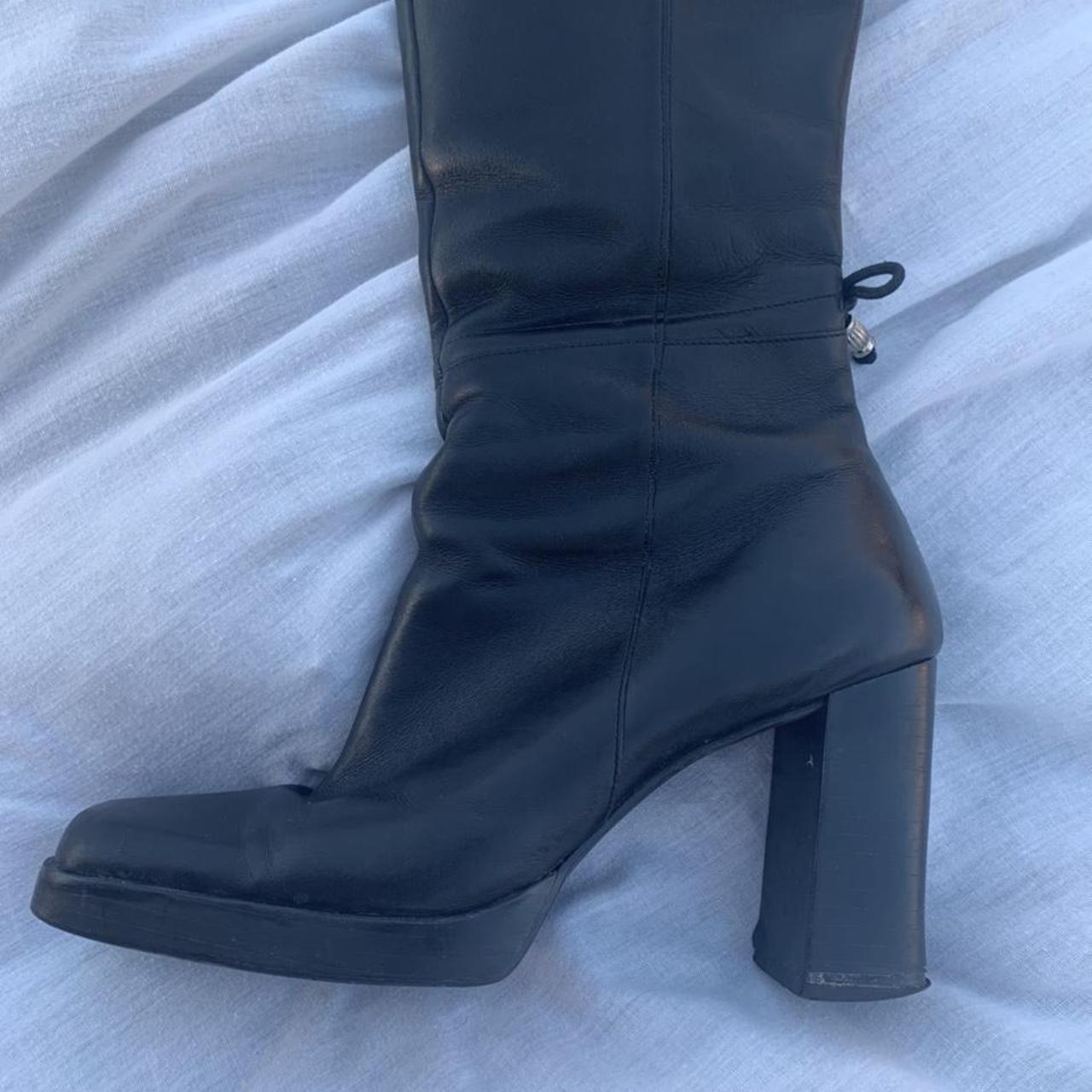 Vintage black square toe knee high boots! The... - Depop