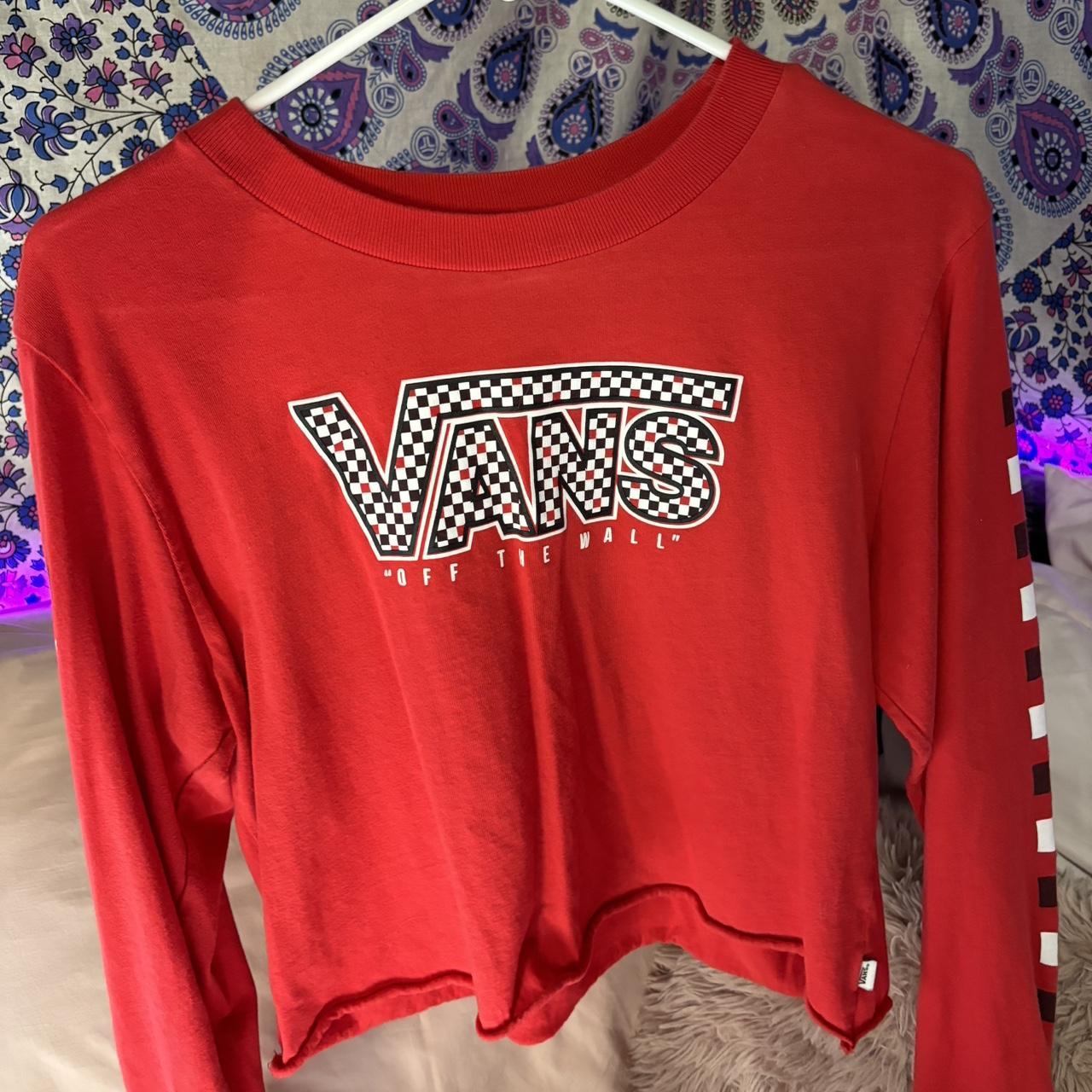 large red checkerboard logo shirt vans cropped not. Depop