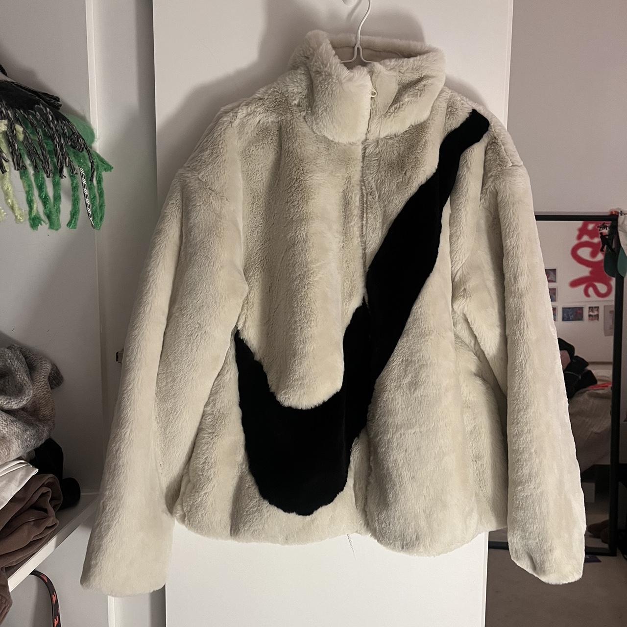 Nike fluffy white jacket/coat with black logo... Depop