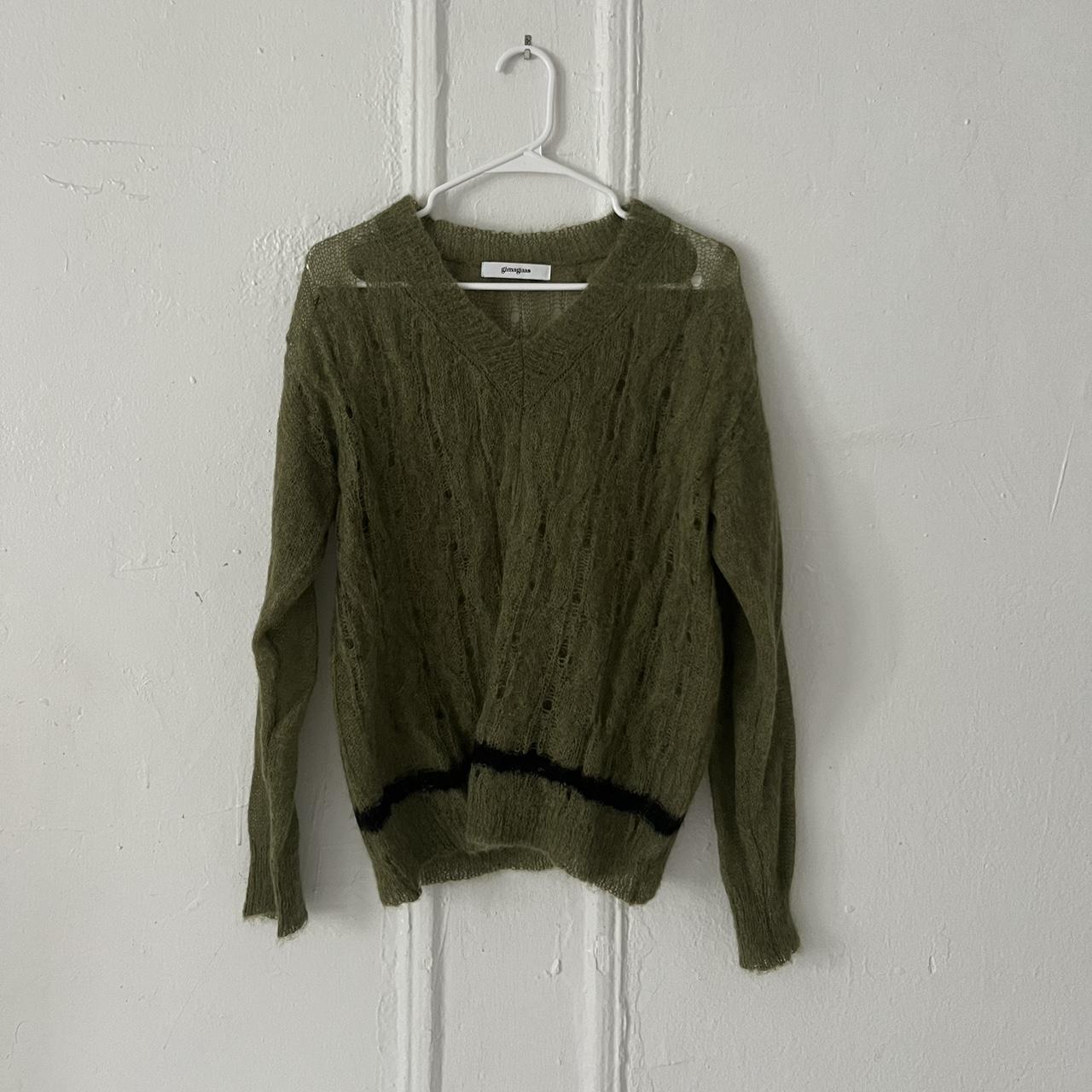 gimaguas green open knit v neck sweater with black... - Depop