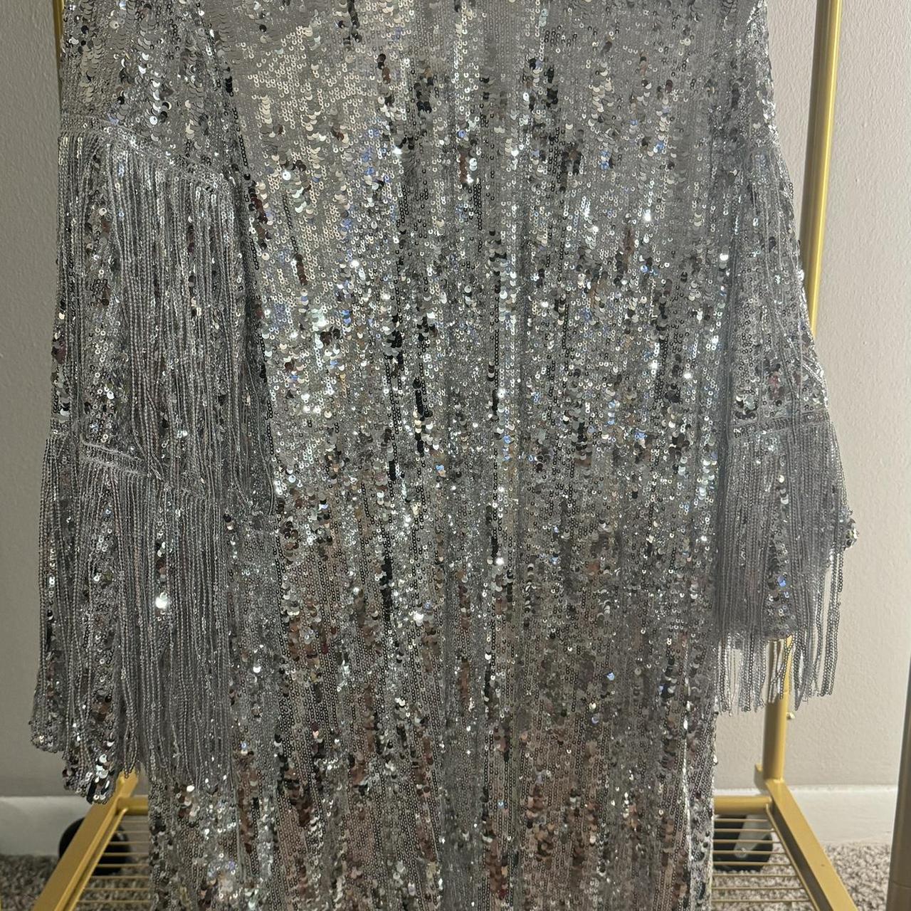 Silver sequin tshirt dress with fringe