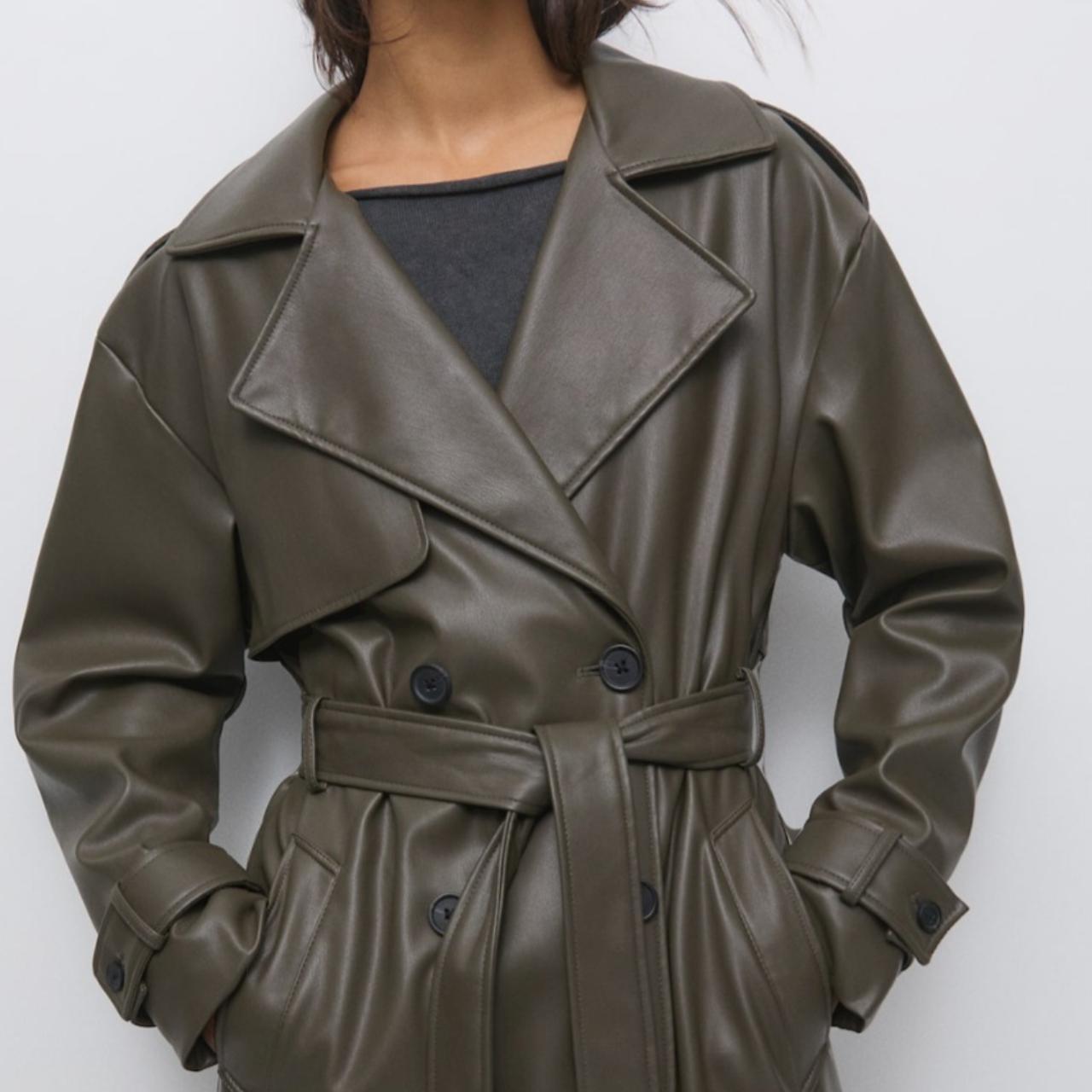 Faux Leather Trench Coat Pull And Bear Leather Pull And Bear Green