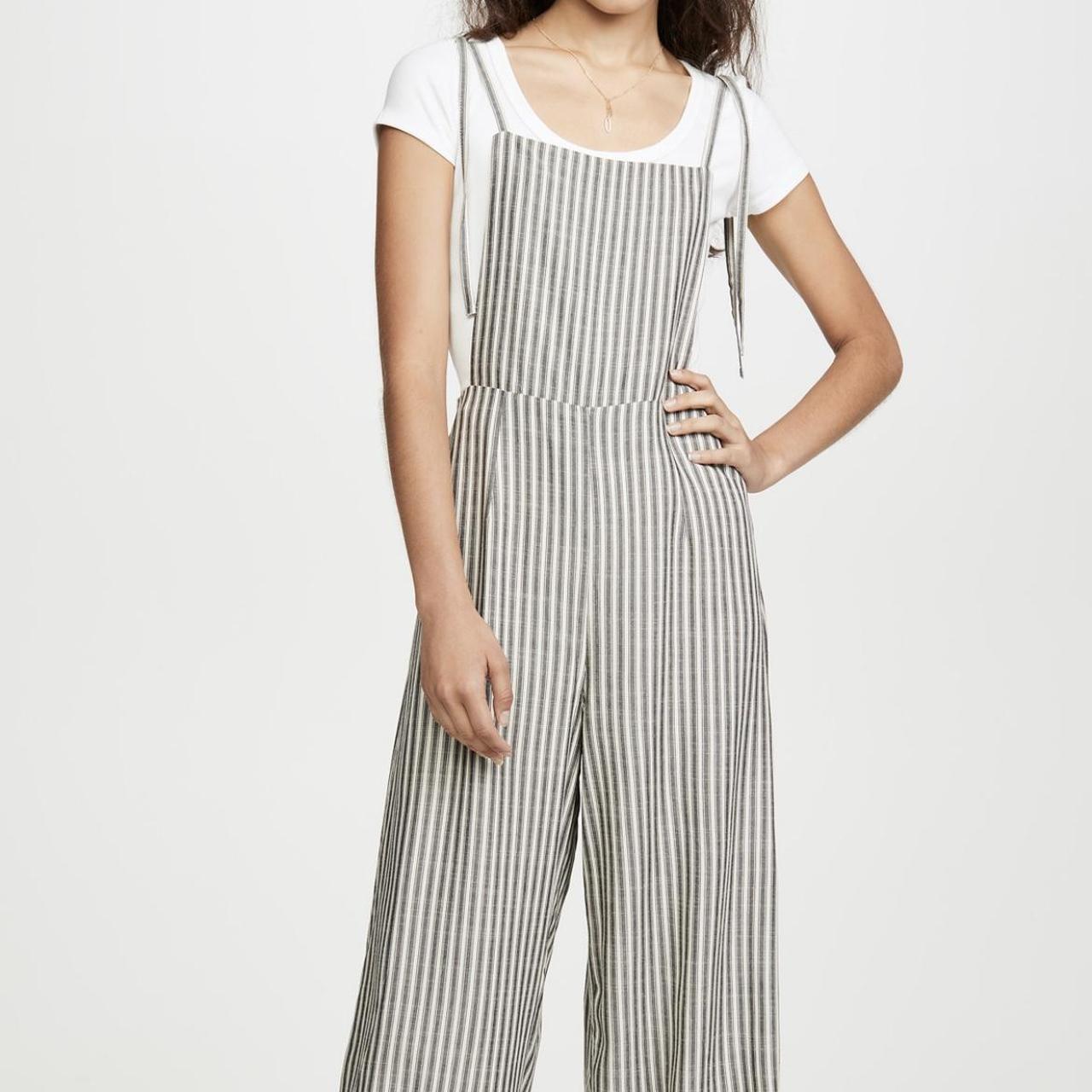 White and grey striped linen blend overalls with