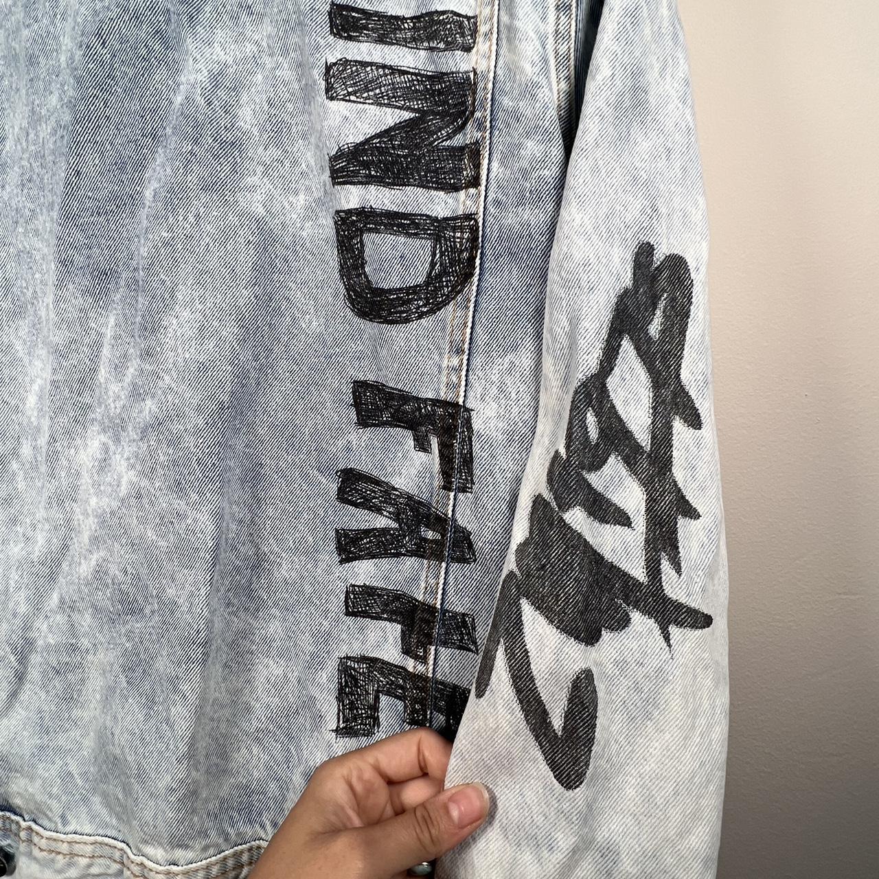 Blue denim Zara jacket with graffiti print #streetwear | Depop