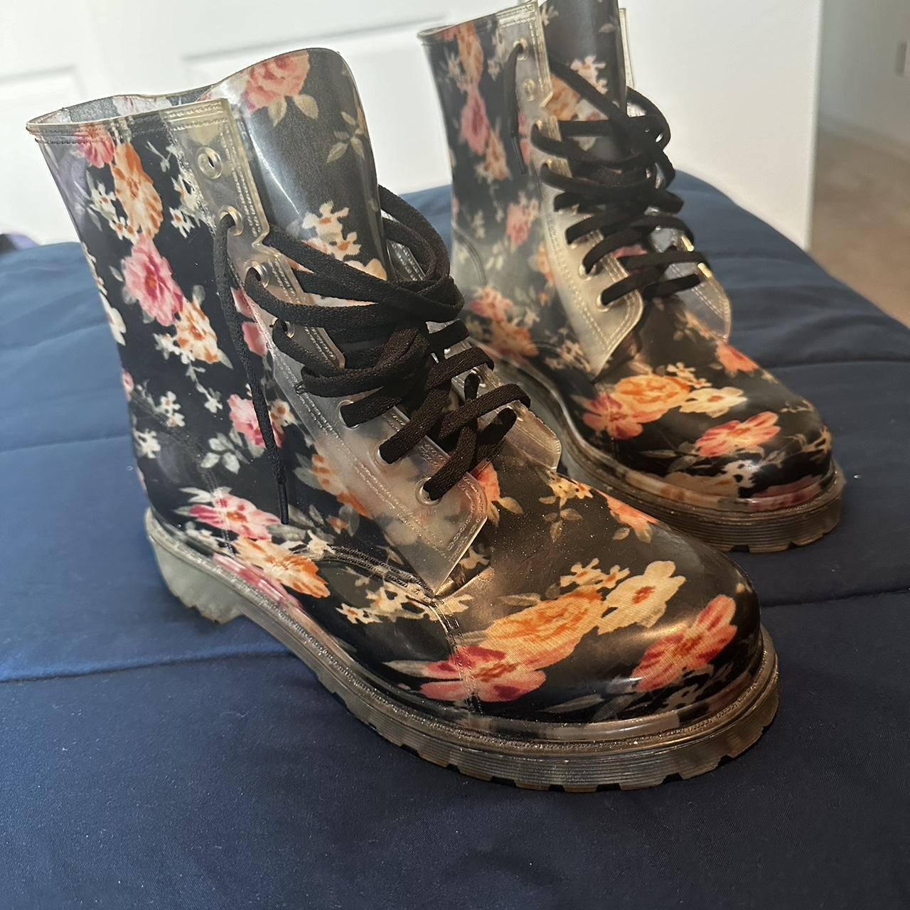 Forever21 Black pink floral combat rain boots with. Depop