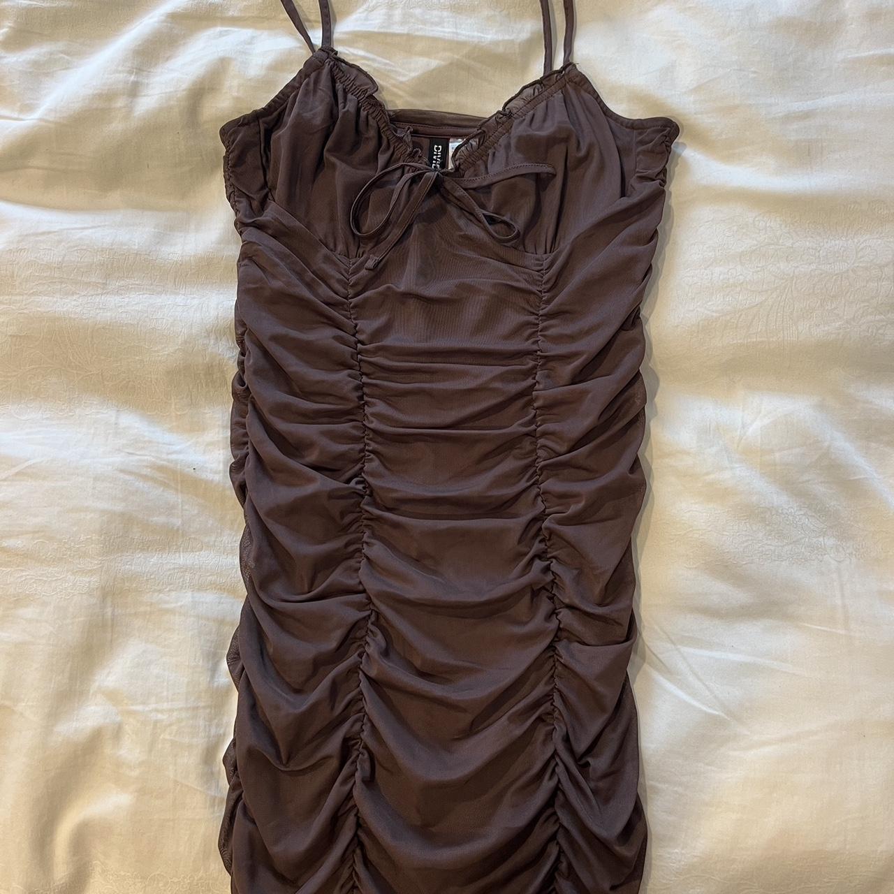 Small brown mini bodycon dress with tie front detail... Depop
