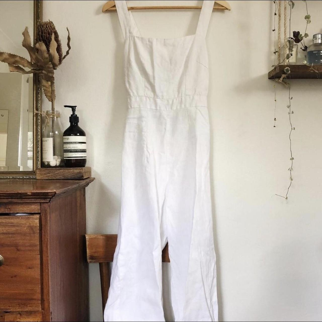 White linen jumpsuit with a square neckline and tie... - Depop