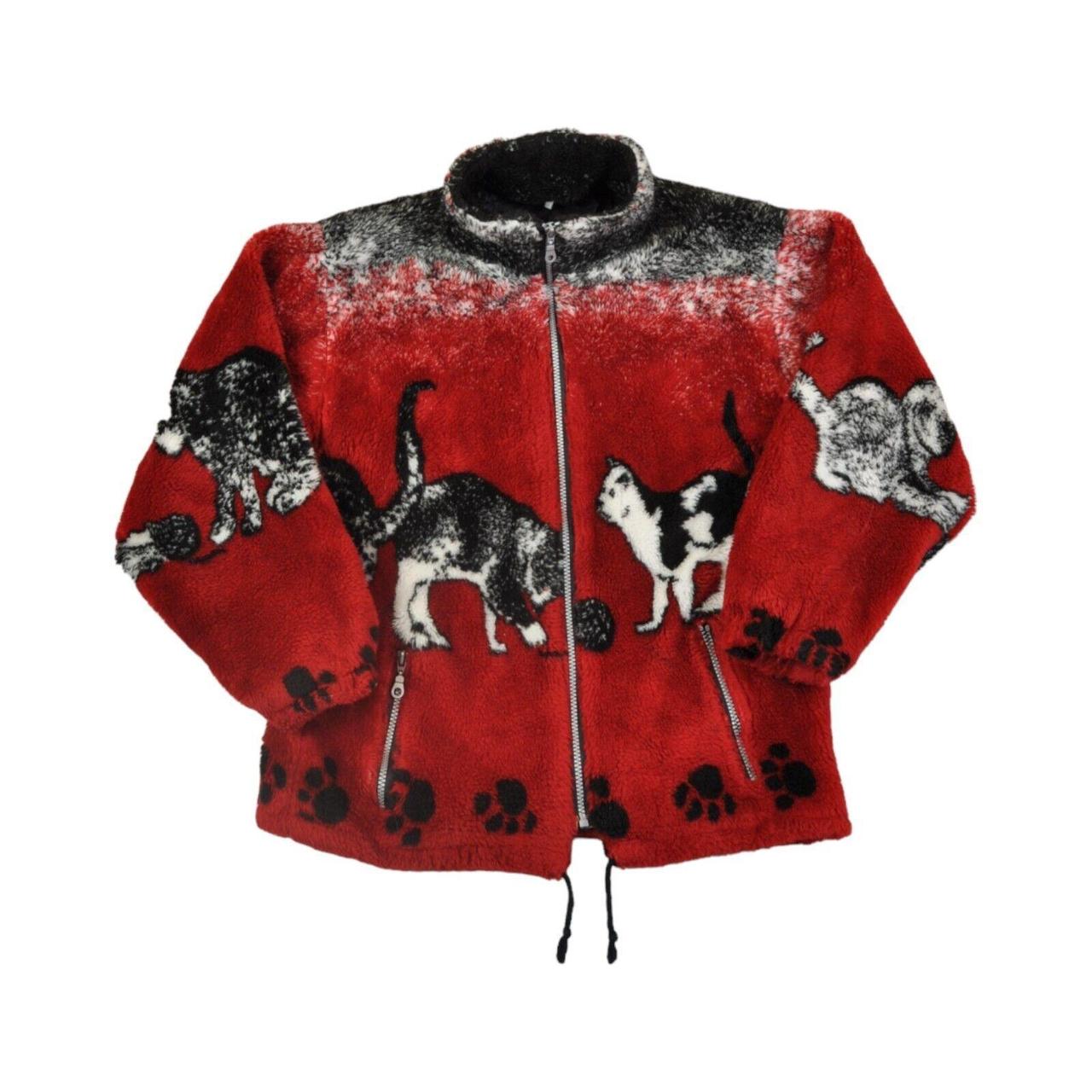 Vintage Fleece Jacket Cat Print Red/Black Ladies... Depop