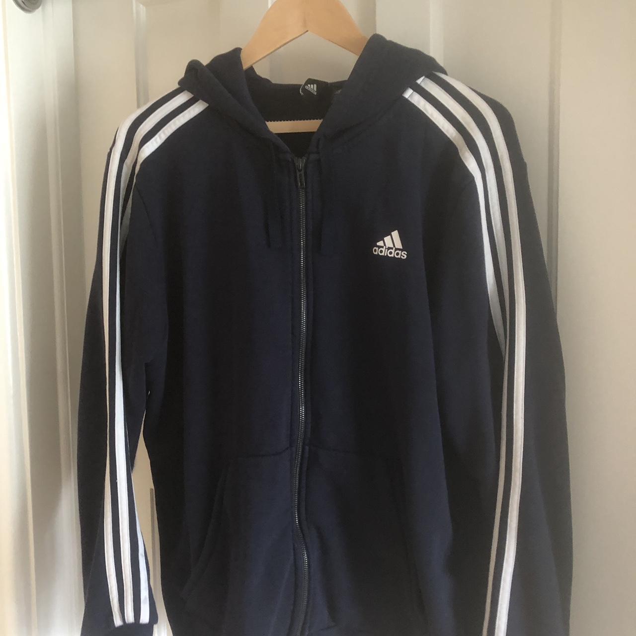 Blue and white striped adidas hoodie. Size large,... - Depop