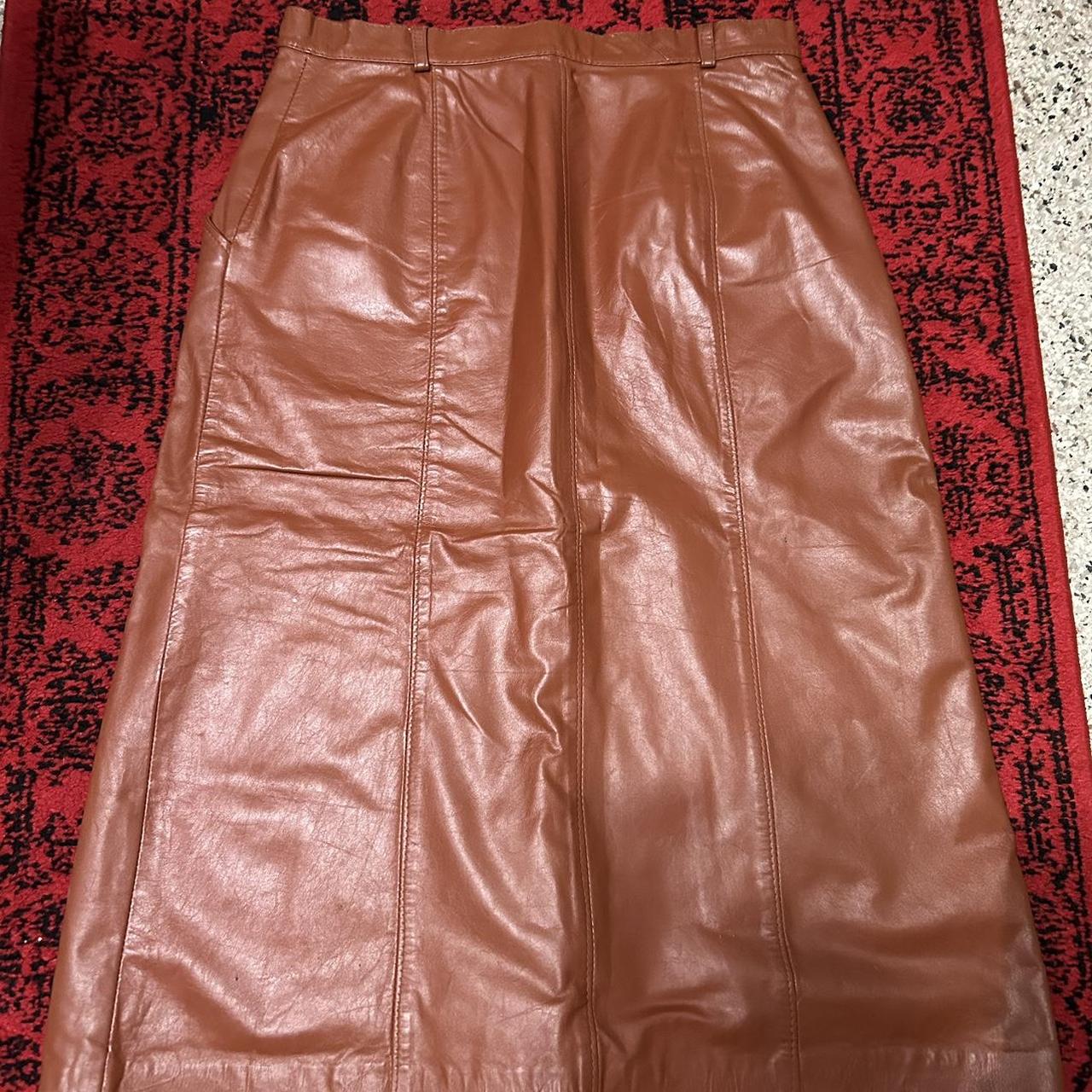 Vintage brown leather skirt size 1314 excellent... Depop