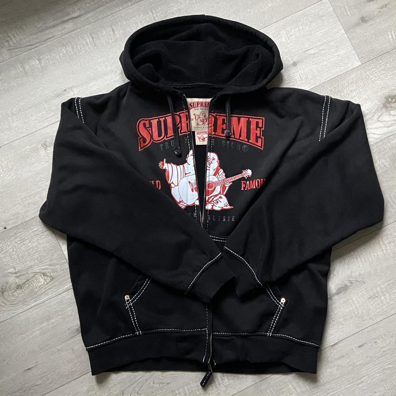 red & black supreme / true religion zip up hoodie... - Depop