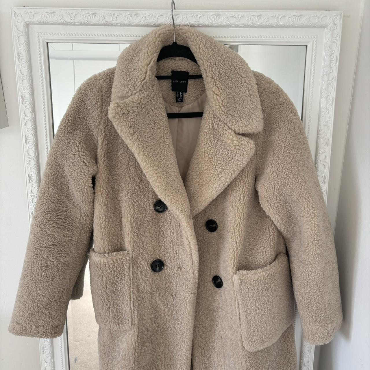 Cream long Borg coat, size 6 from new look. Perfect... - Depop