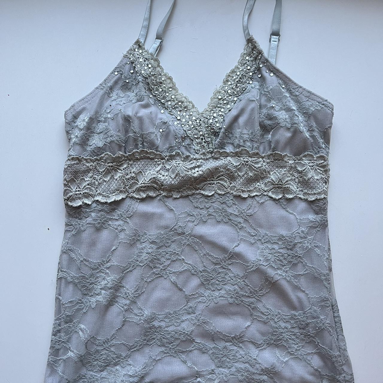 Grey/silver and glittery lace micro mesh cami... - Depop
