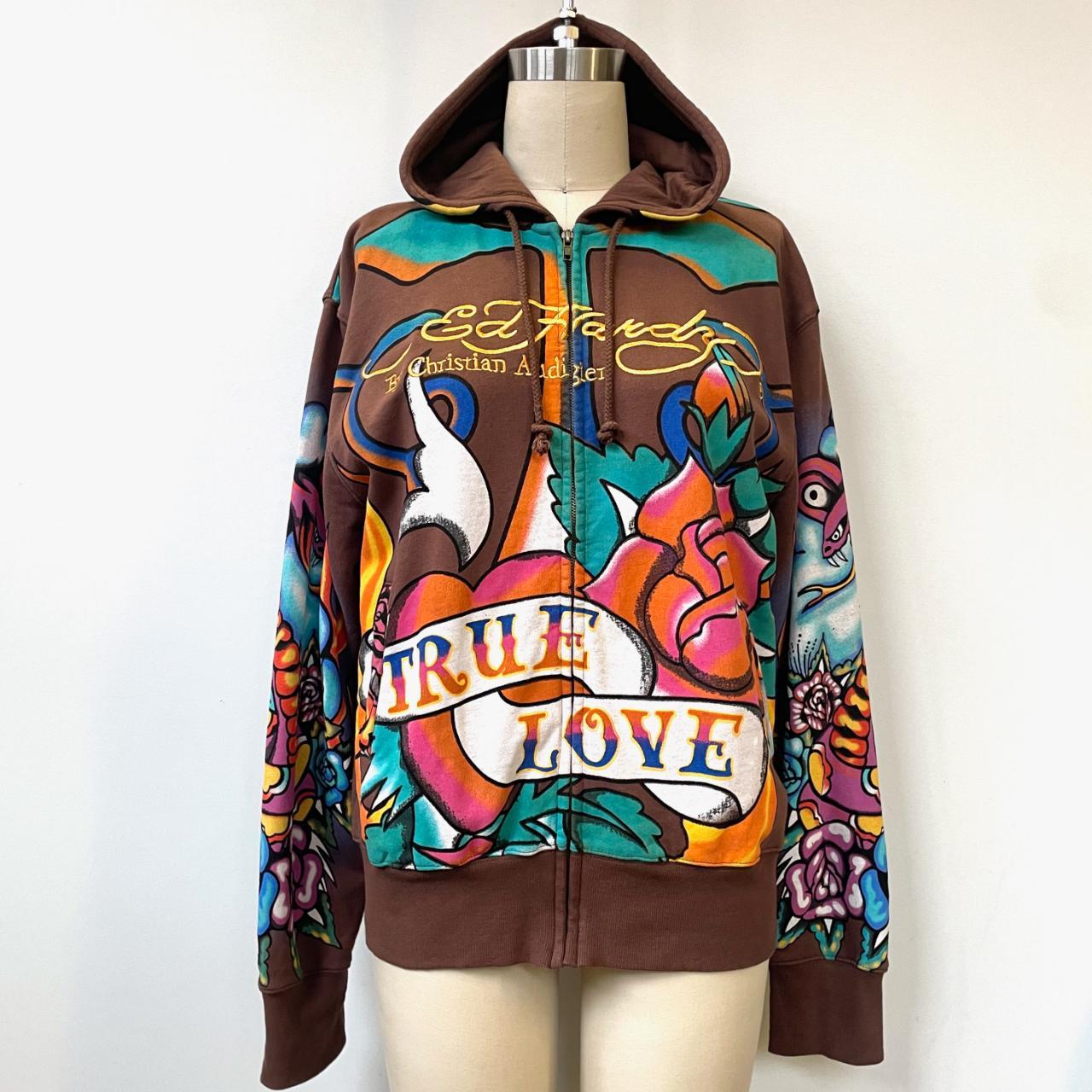 Vintage Y2K Ed Hardy Brown Zip-Up true love Graphic... - Depop