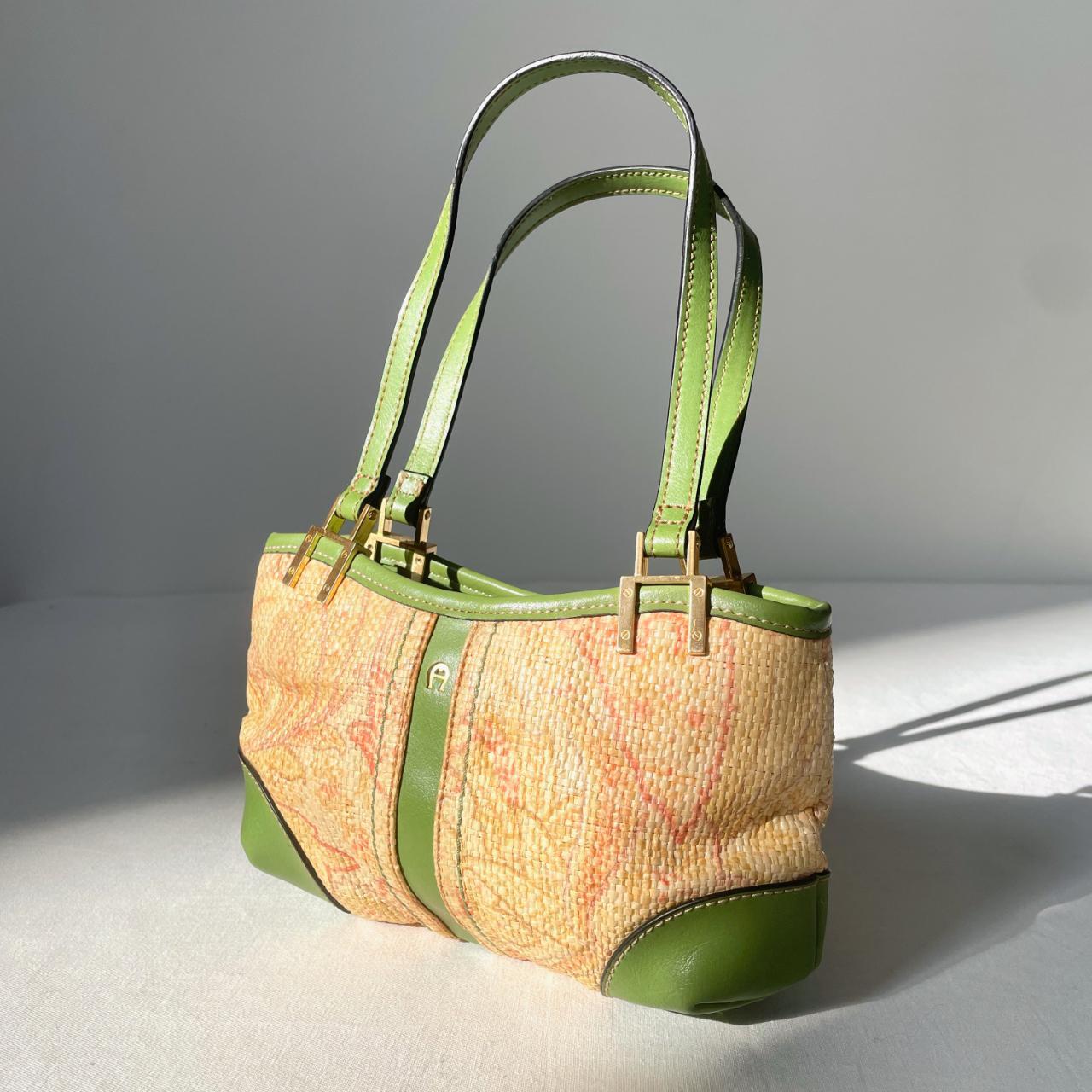 Vtg Y2K Etienne Aigner woven straw handbag with lime