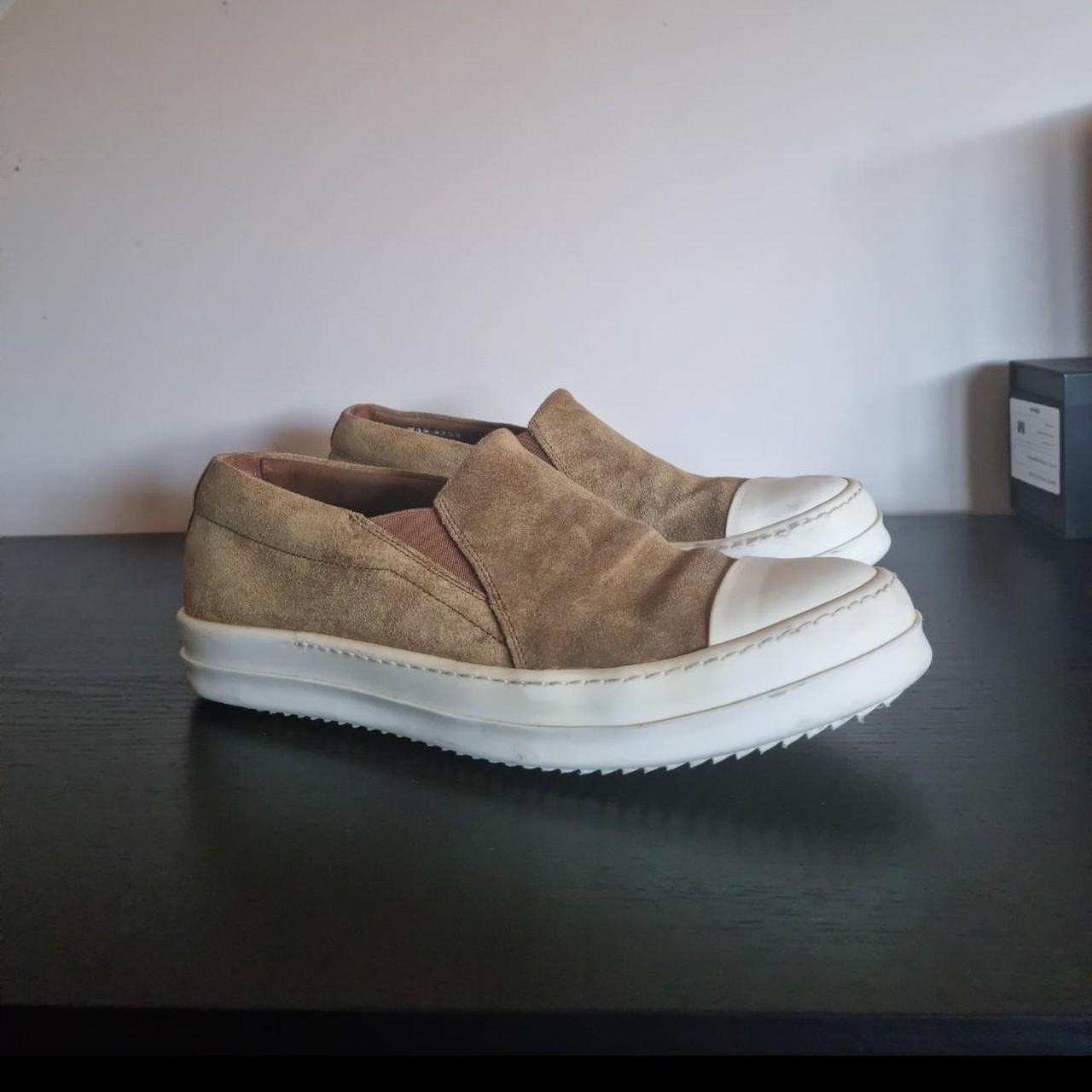 Rick Owens tan suede slip on boat ramones - Size:... - Depop