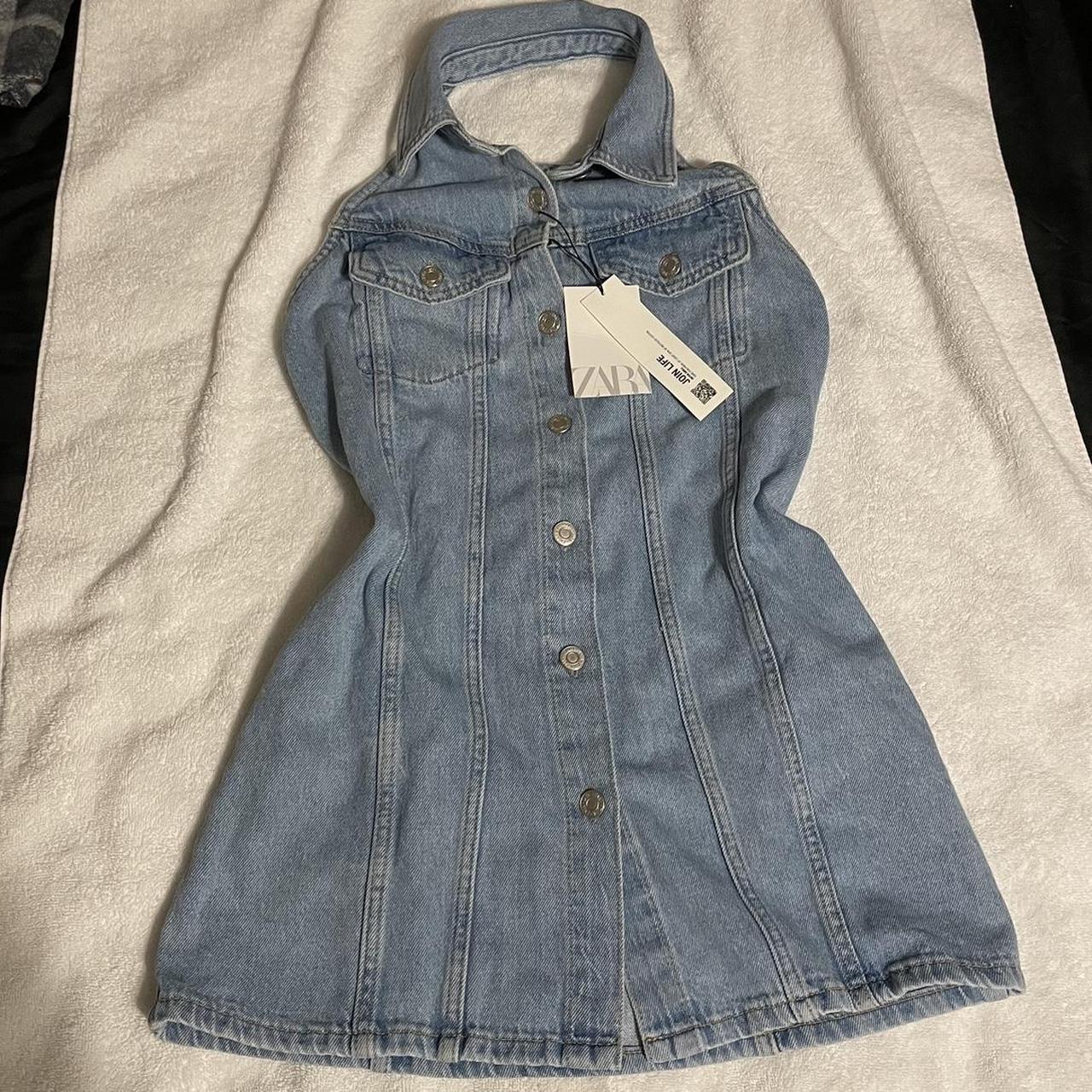 Zara light wash denim mini button down backless... - Depop