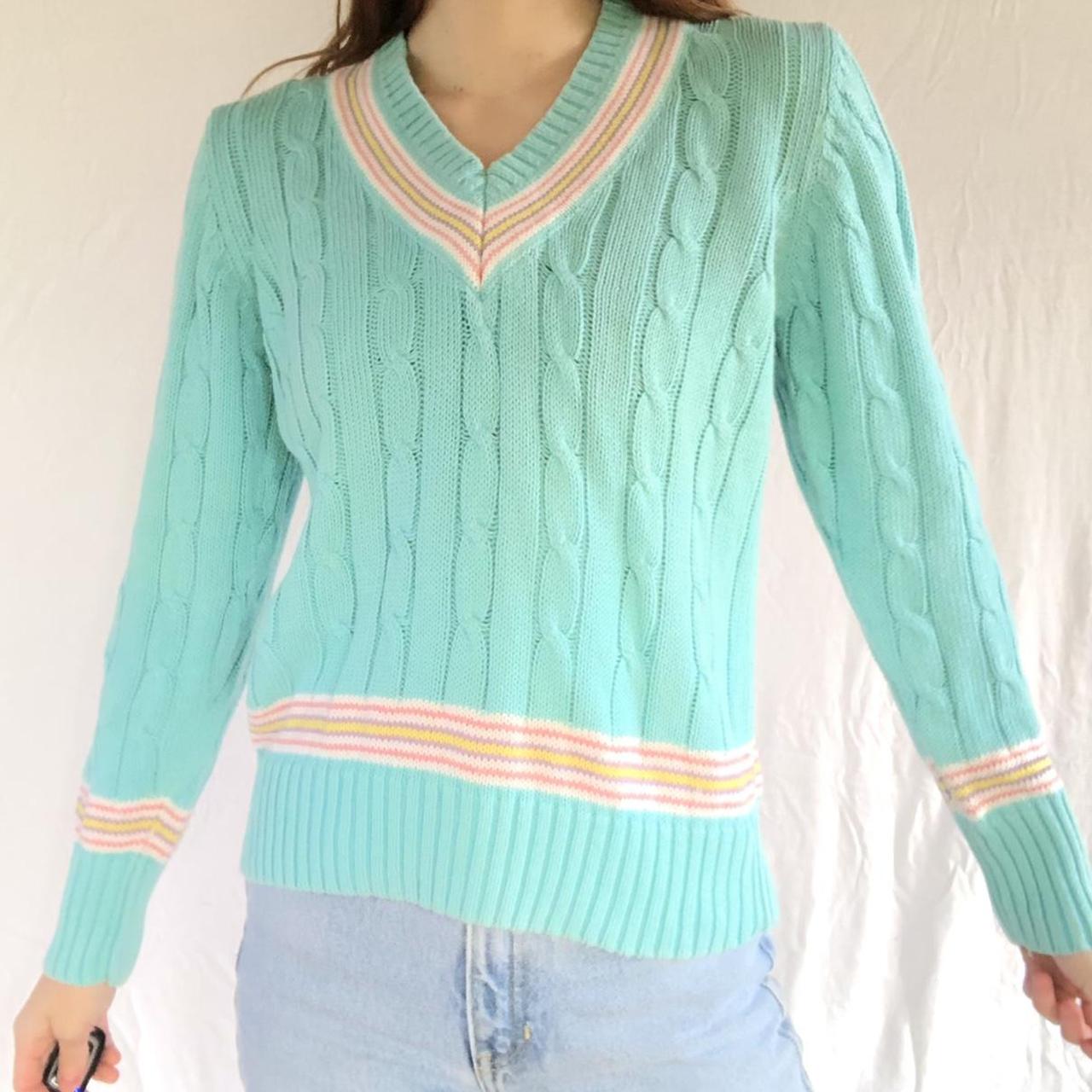 80s vintage vibrant turquoise sweater. Vneck cable... Depop