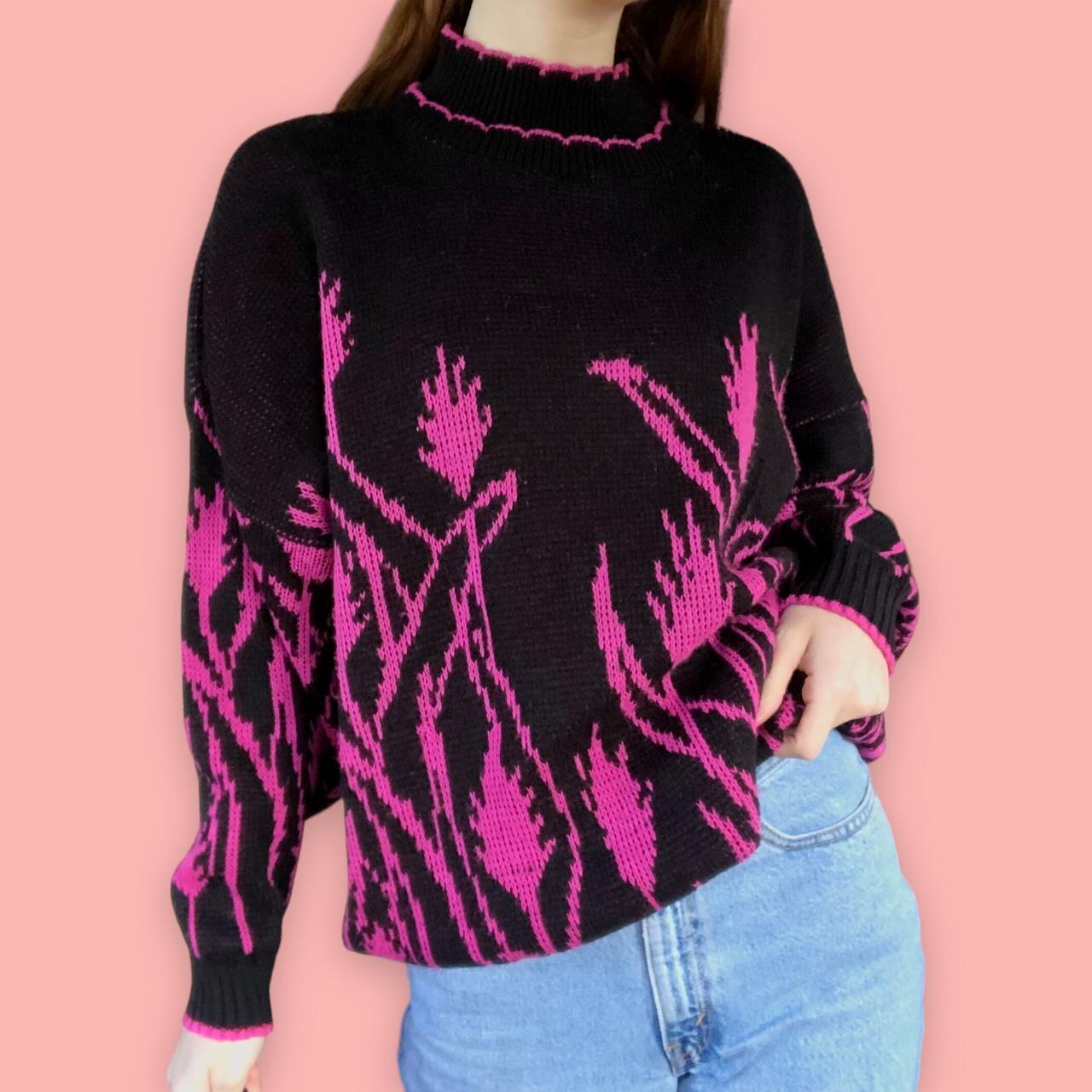 80s black & pink knit sweater in a cute leafy floral... - Depop