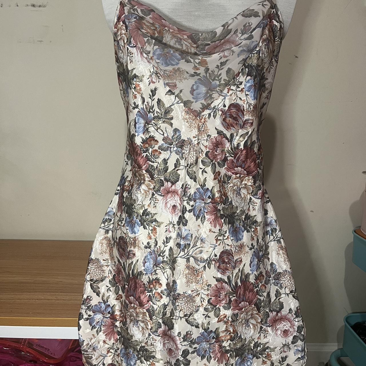 White silk floral slip dress with adjustable straps... Depop