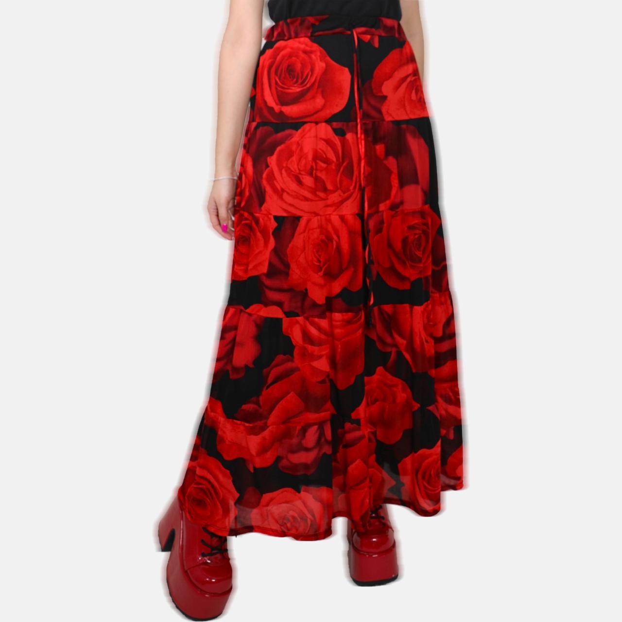 Long black skirt with red clearance flowers