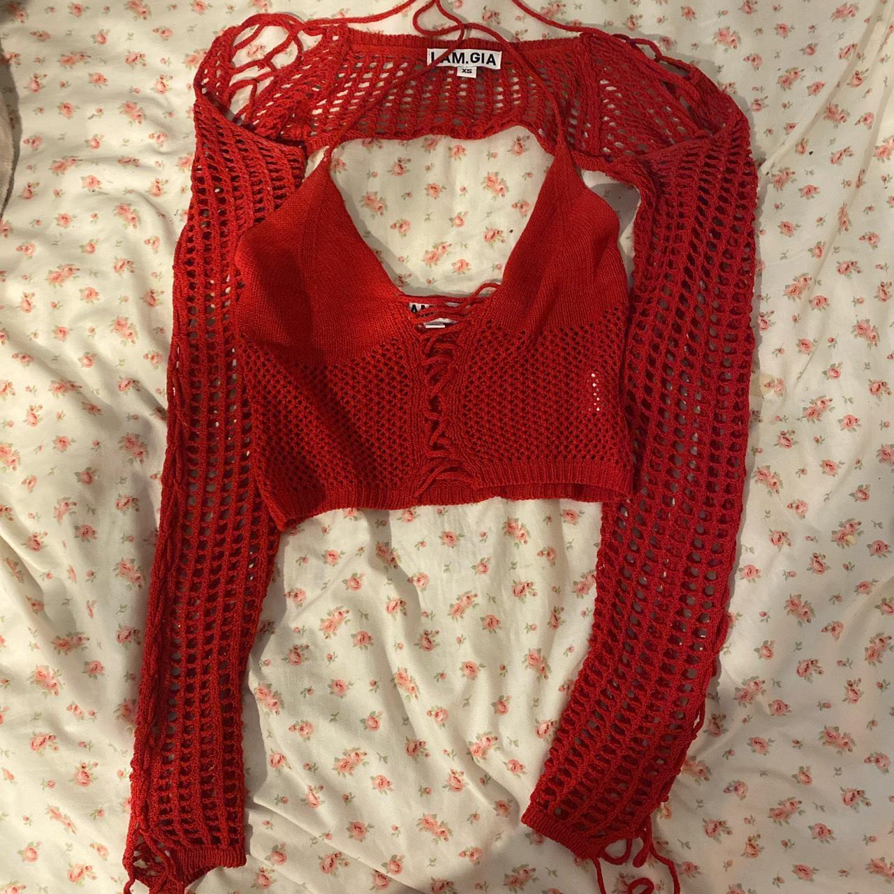 i am gia red set tie tank top and sleeves this is... - Depop