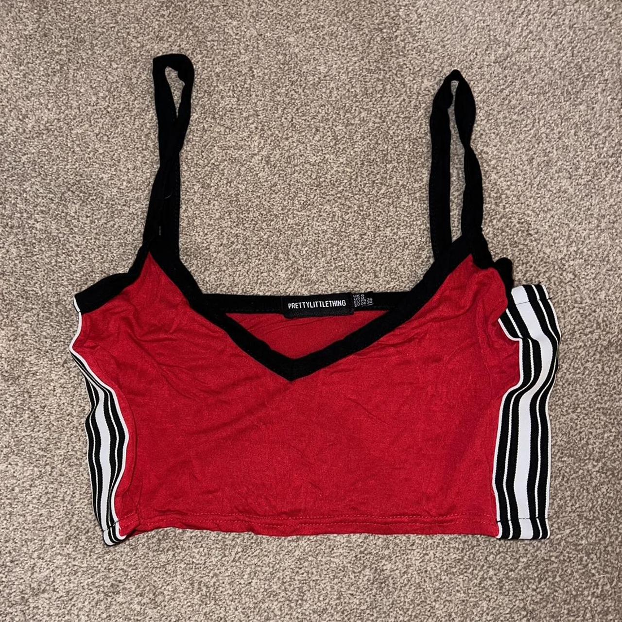 Prettylittlething red crop top with side stripes... - Depop