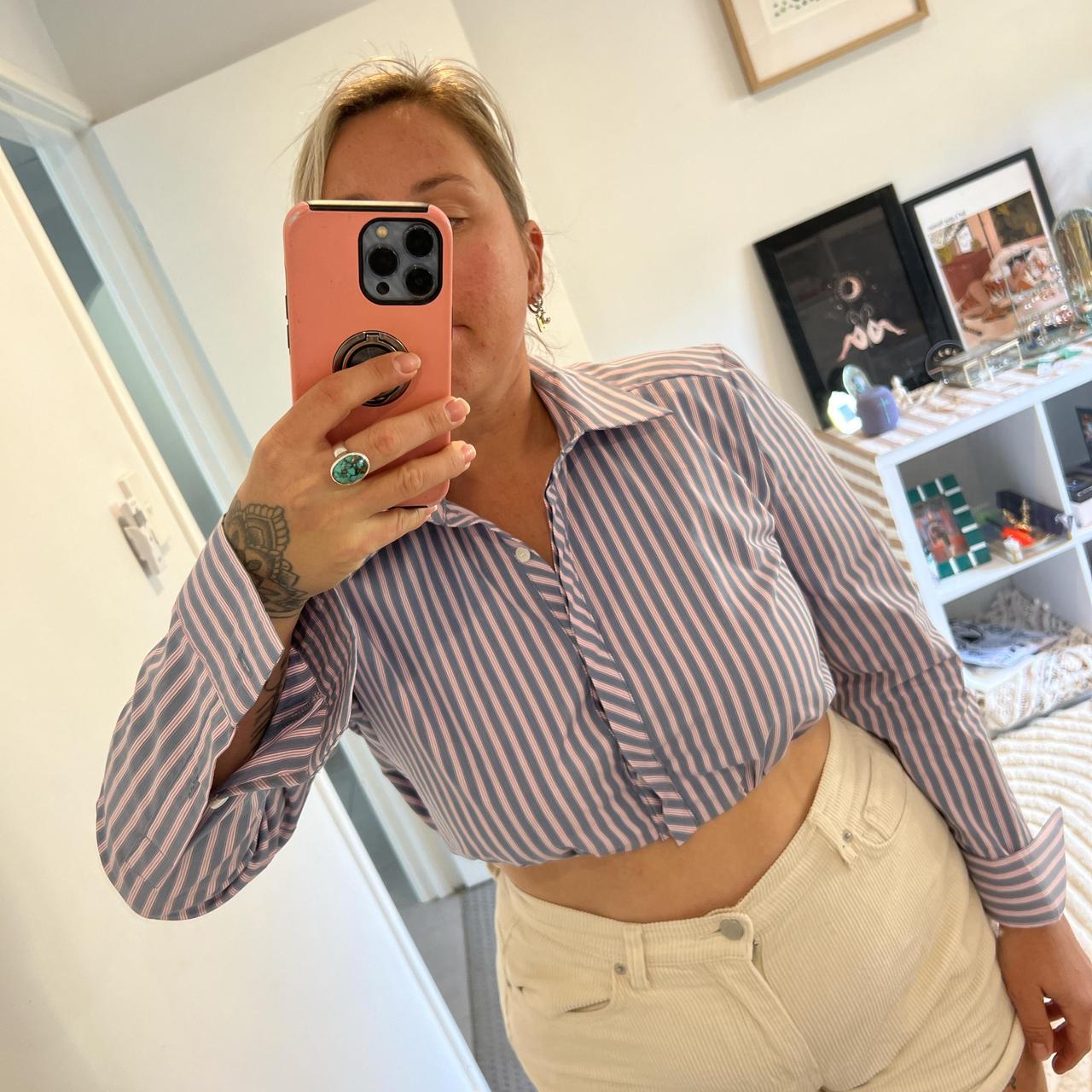 Blue and white striped button up crop shirt... Depop
