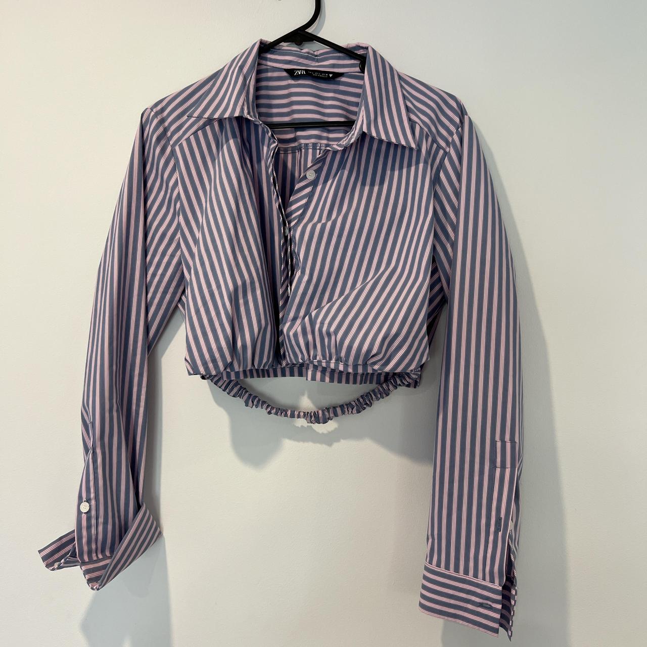 Blue and white striped button up crop shirt... Depop