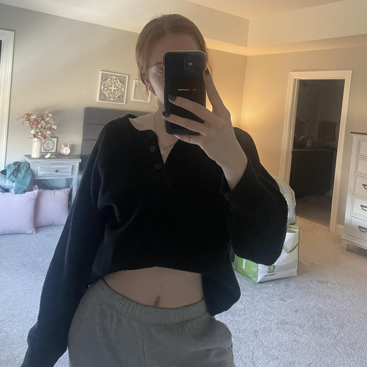 Black waffle knit button up top Size L For reference Depop