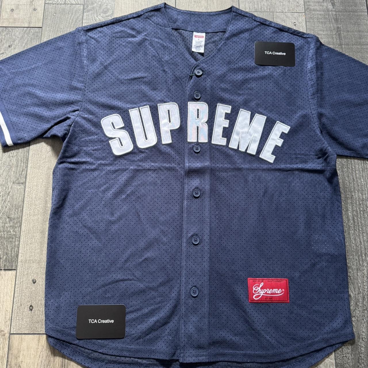 Supreme Ultrasuede Mesh Baseball Jersey “Navy” - | Depop