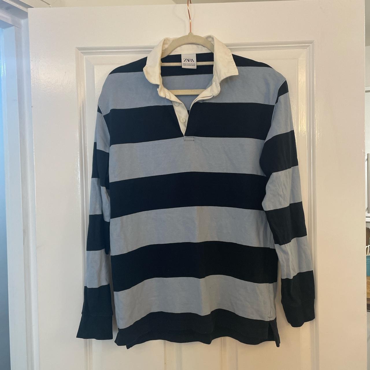 Zara rugby polo long sleeve shirt blue and navy... - Depop