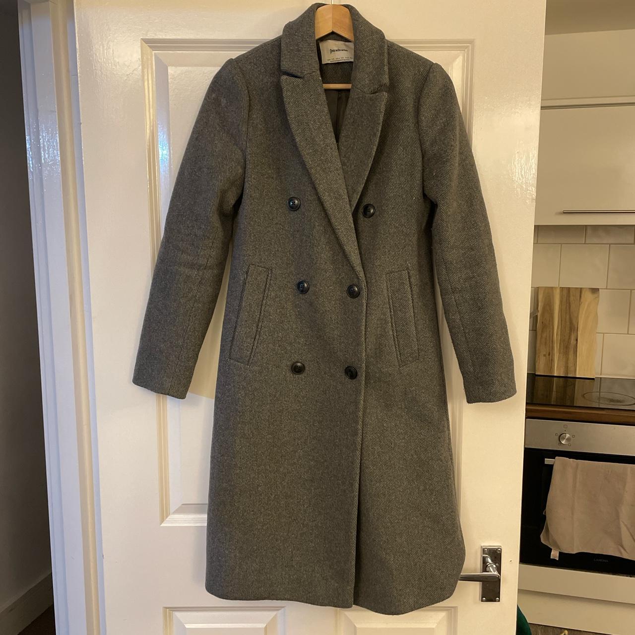 Stradivarius long grey double breasted smart coat - Depop