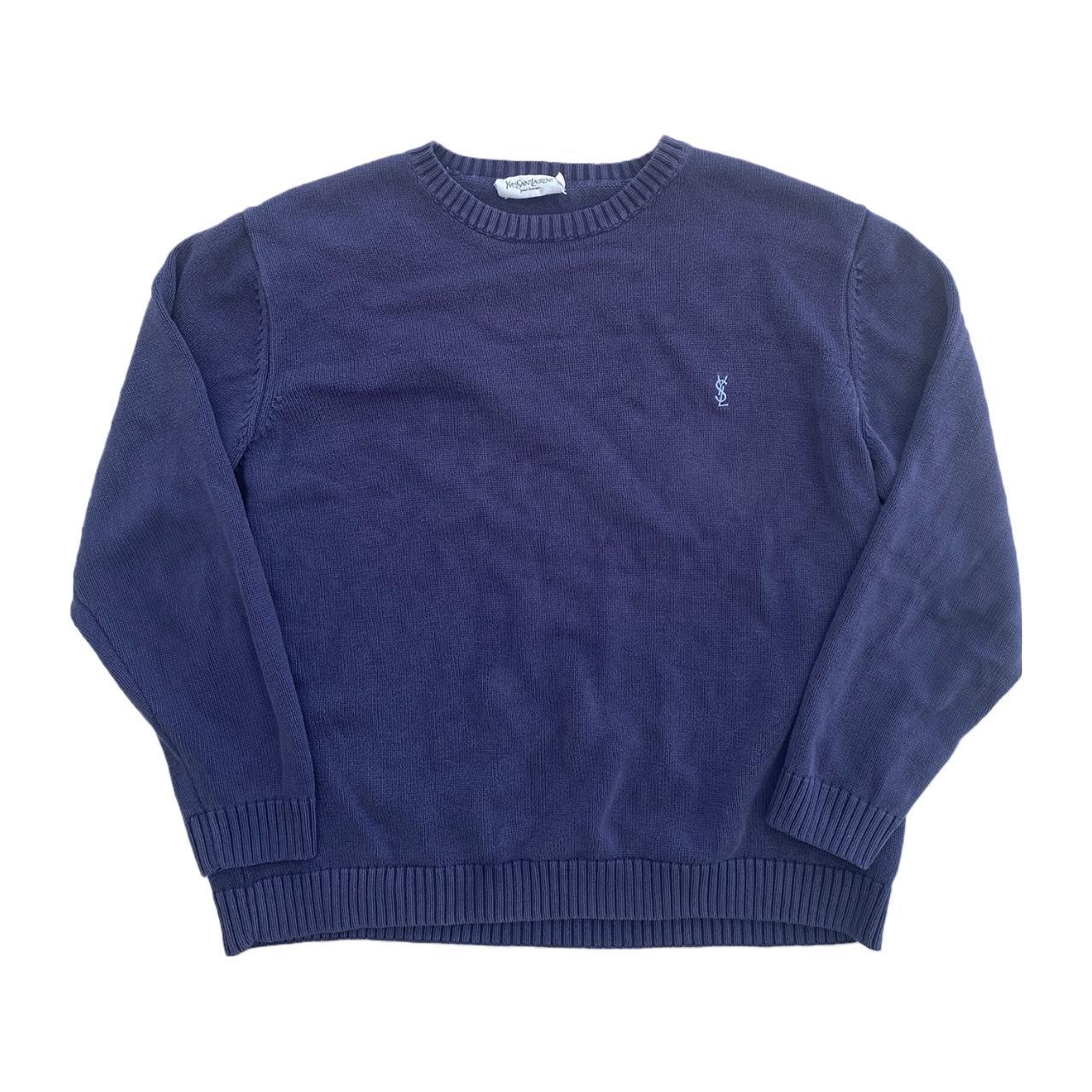 Vintage YSL knit jumper in navy with baby blue... - Depop