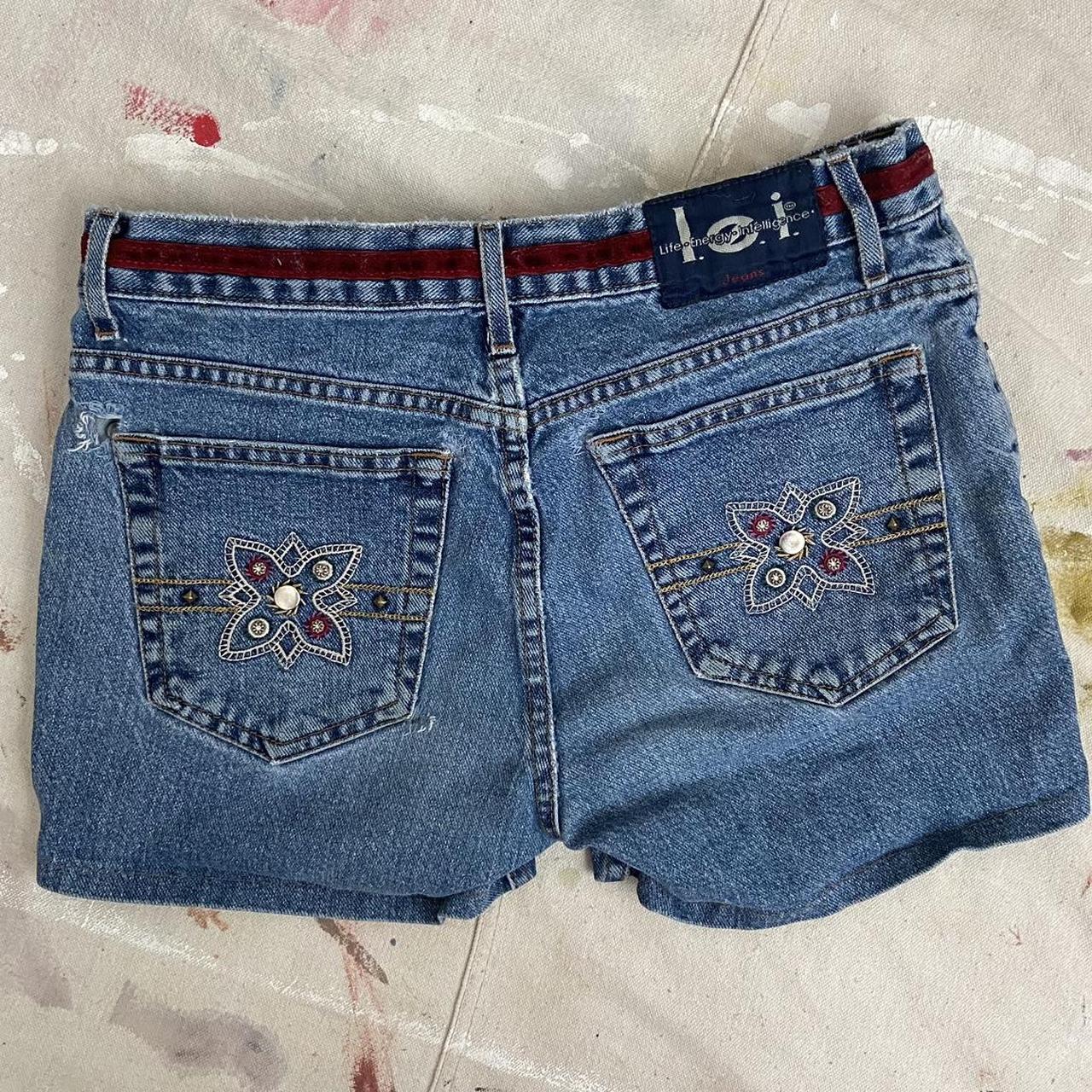 Vintage 1990s y2k denim overall shorts popular with floral embroidery