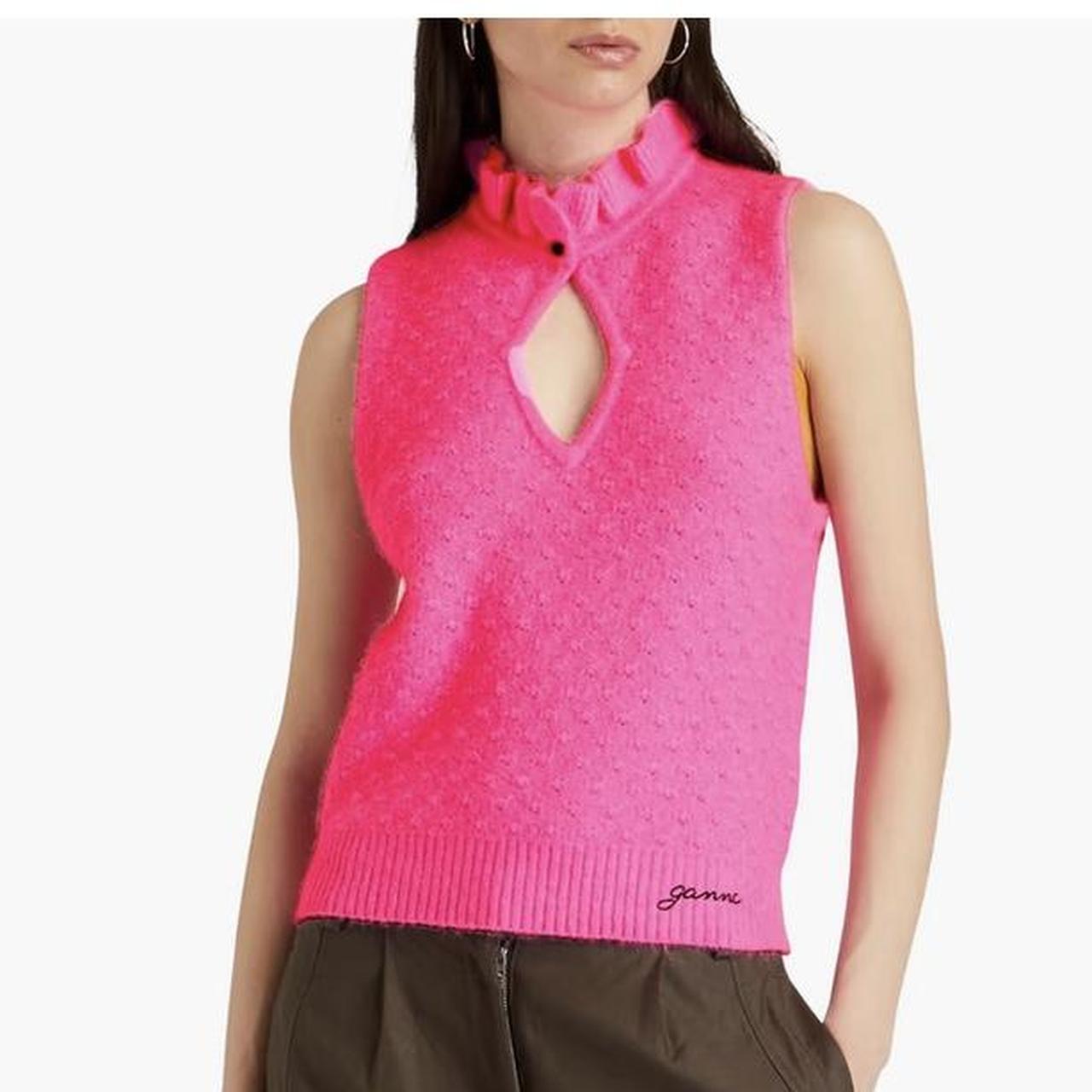 Ganni pink knit vest with ruffle neck and button | Depop
