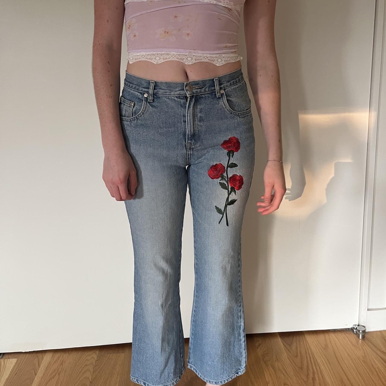 Rose embroidered clearance jeans womens