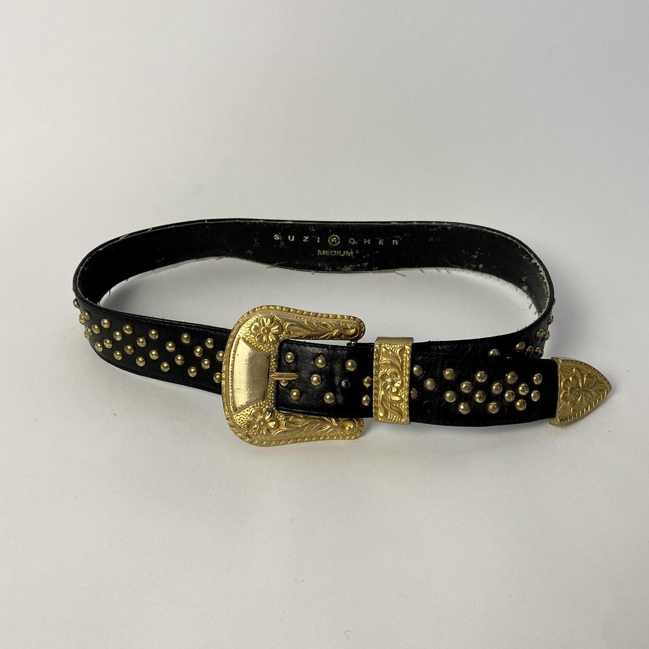 Vintage black leather belt with gold studs. Slightly... Depop
