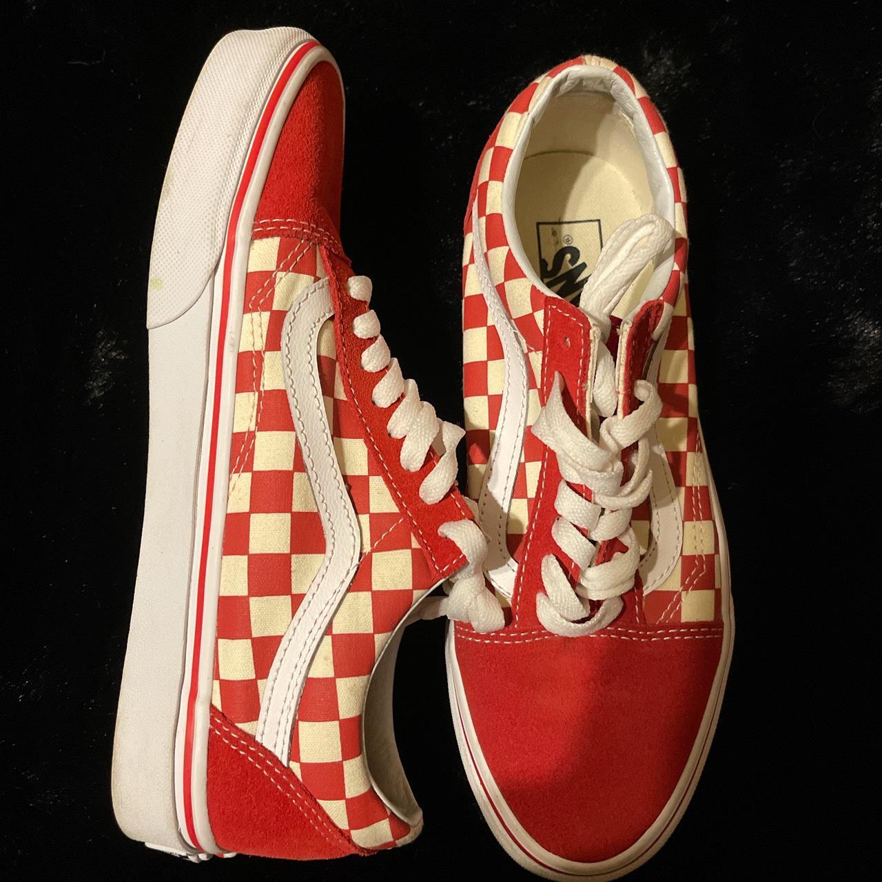 Red and white checkered Vans. Shows use of wear.... - Depop