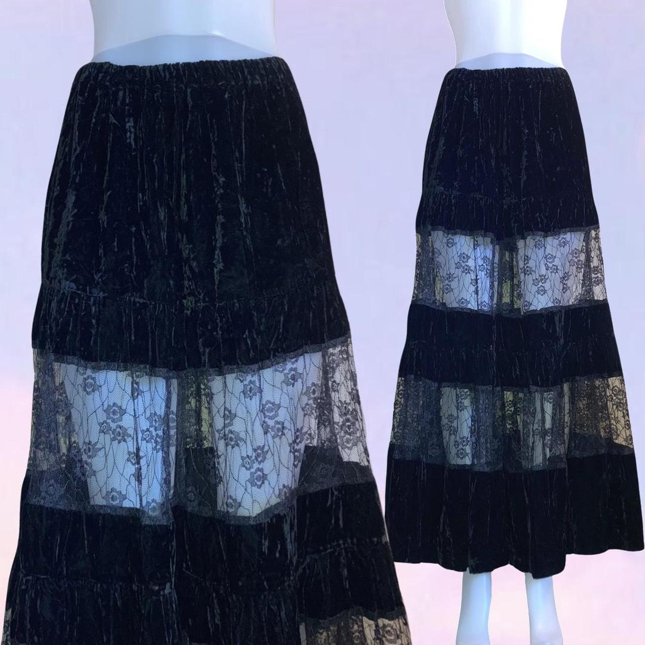 Vintage 90s y2k maxi skirt. Velvet with lace sheet... - Depop