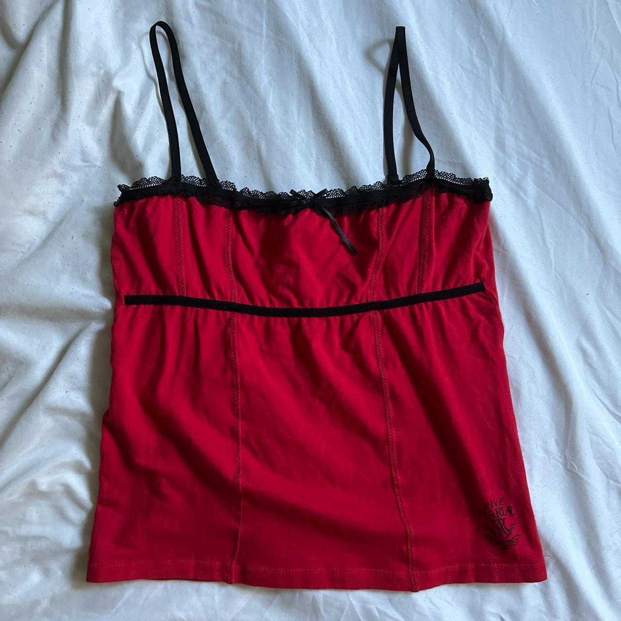 vive Maria red babydoll tank with black trim and... Depop