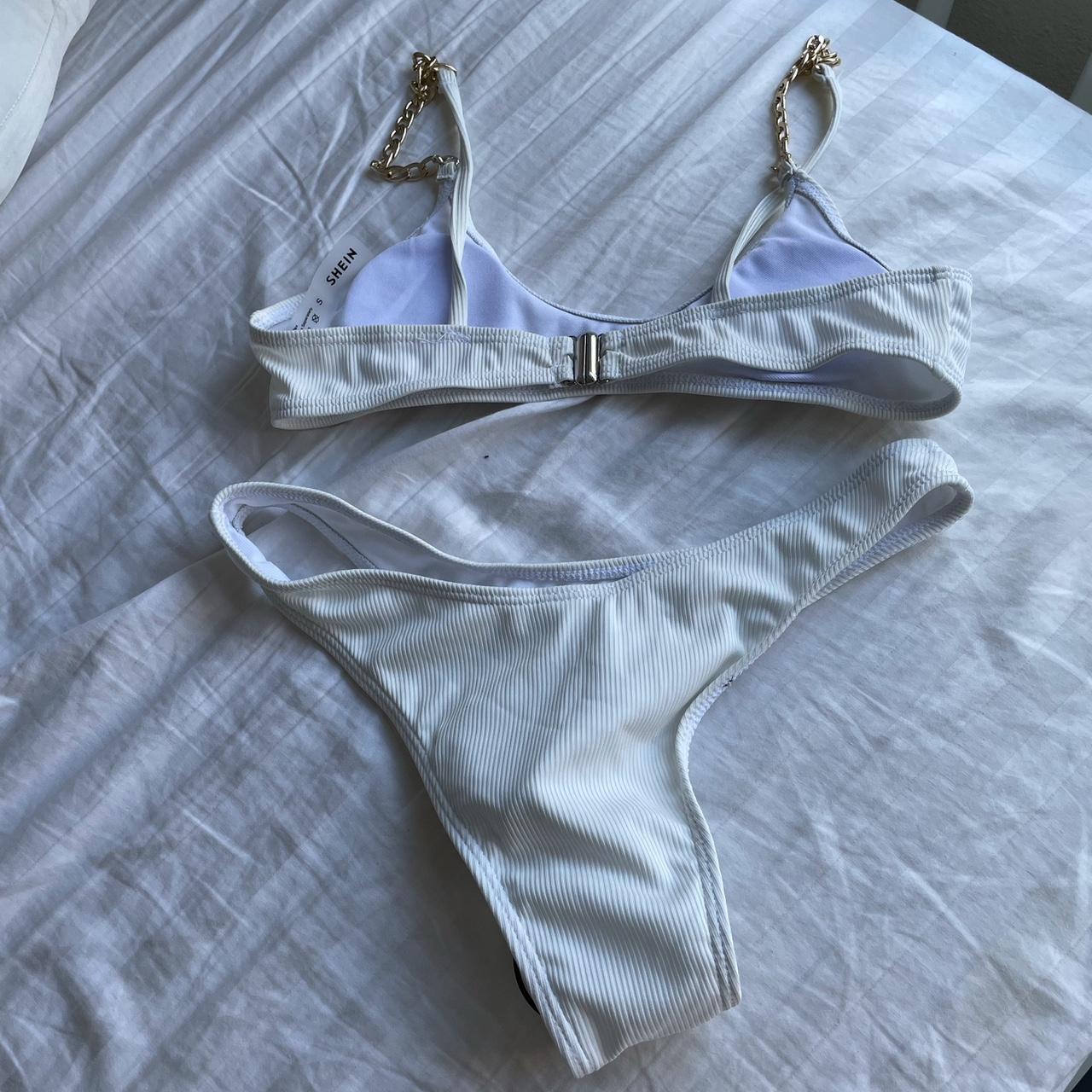 SHEIN Women's White and Gold Swimsuit-one-piece | Depop