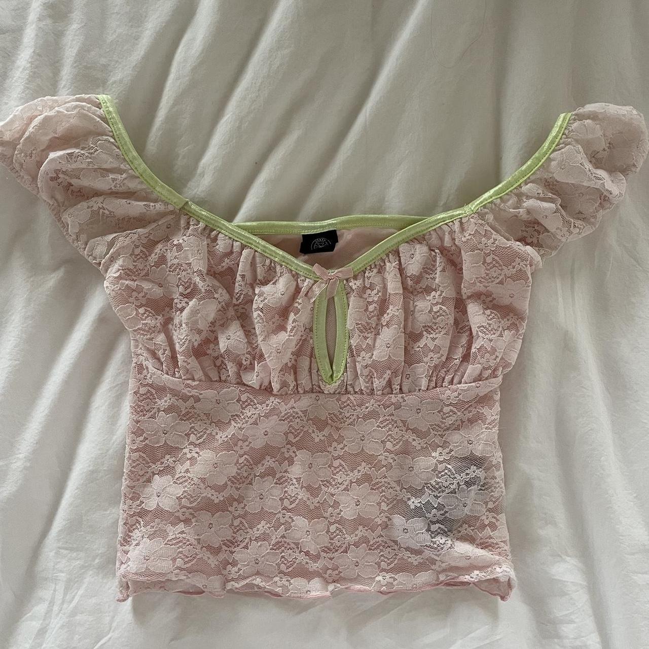 Pink lace and green cropped top • double layered •... - Depop