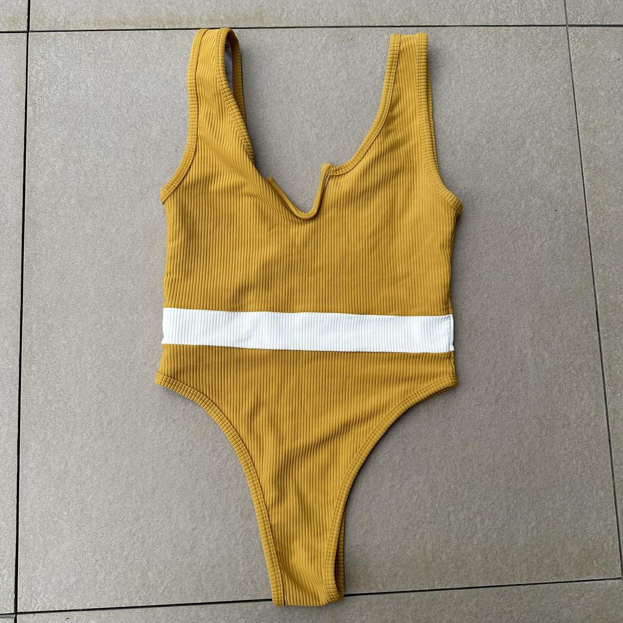 Beach Access yellow ribbed low back high waisted one... - Depop