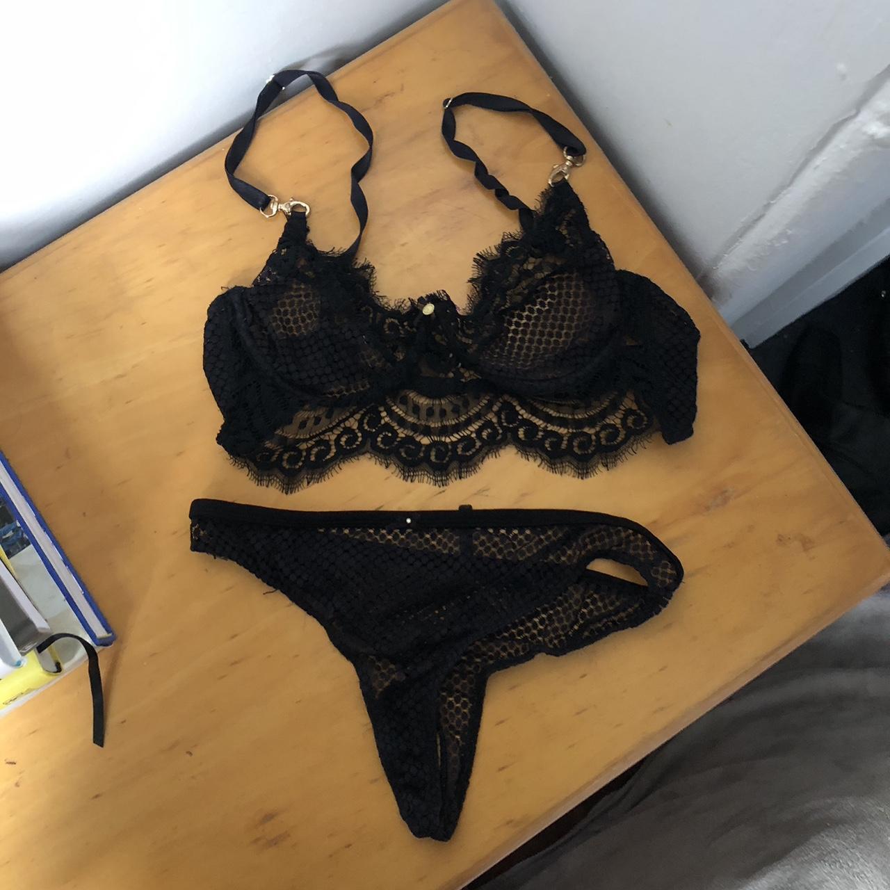 Gooseberry intimates black lace bra and thong set... - Depop