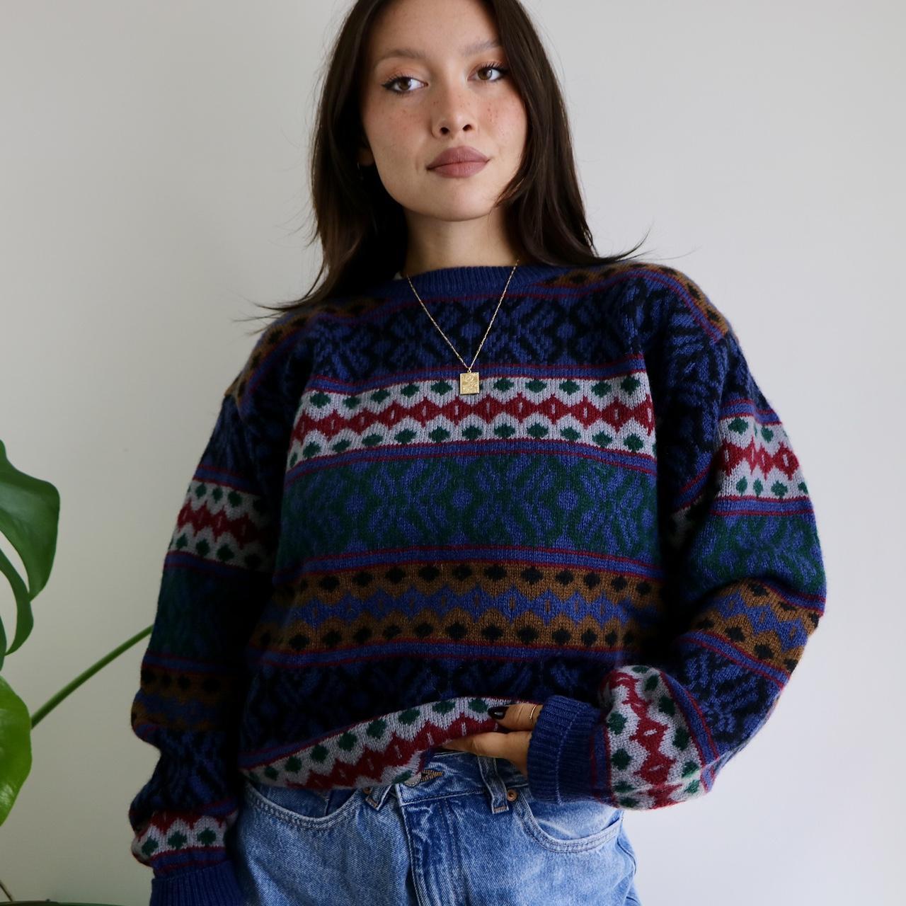 vintage grunge patterned earthy knit sweater... - Depop