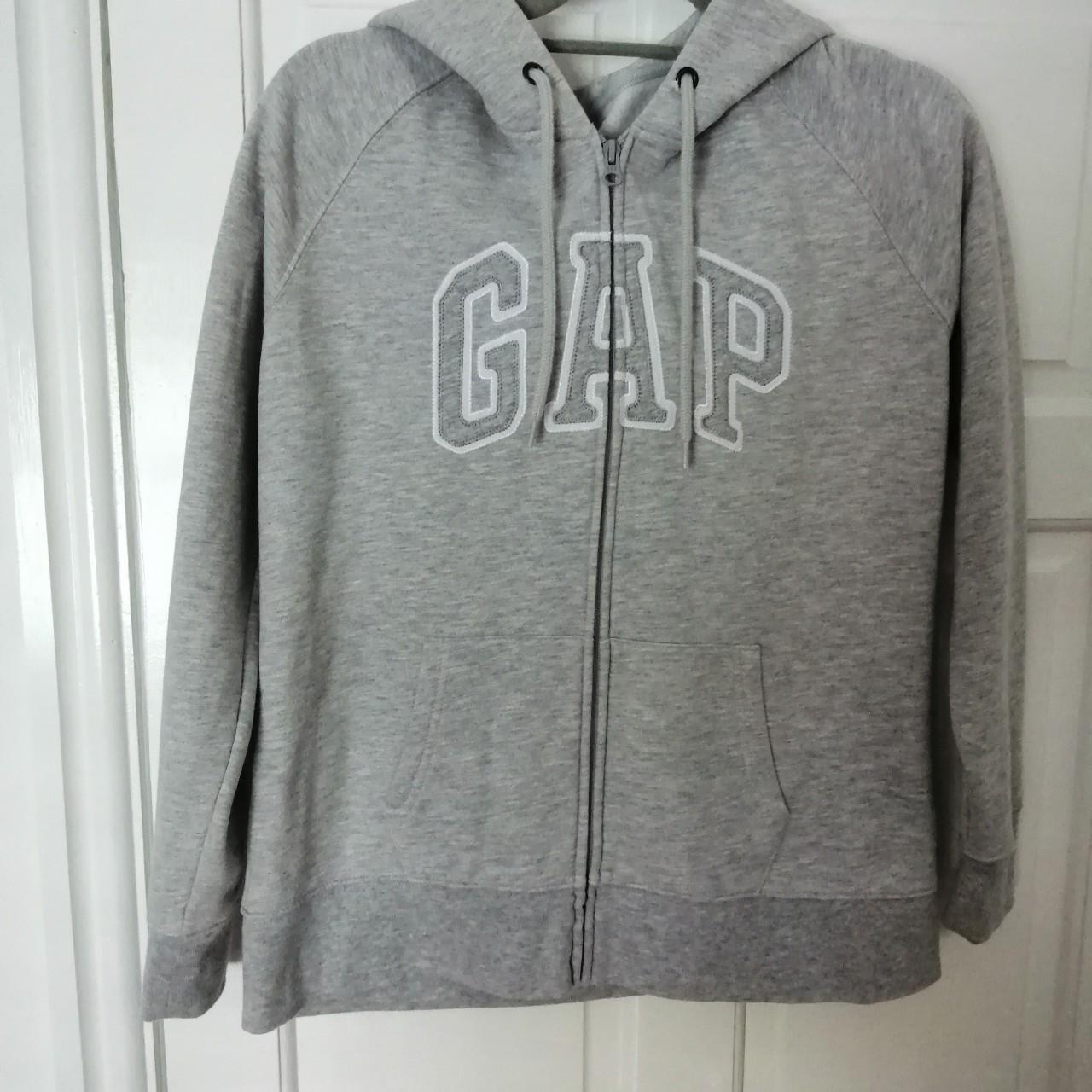 Gap front zipper hoodie. Light gray white spellout.... - Depop