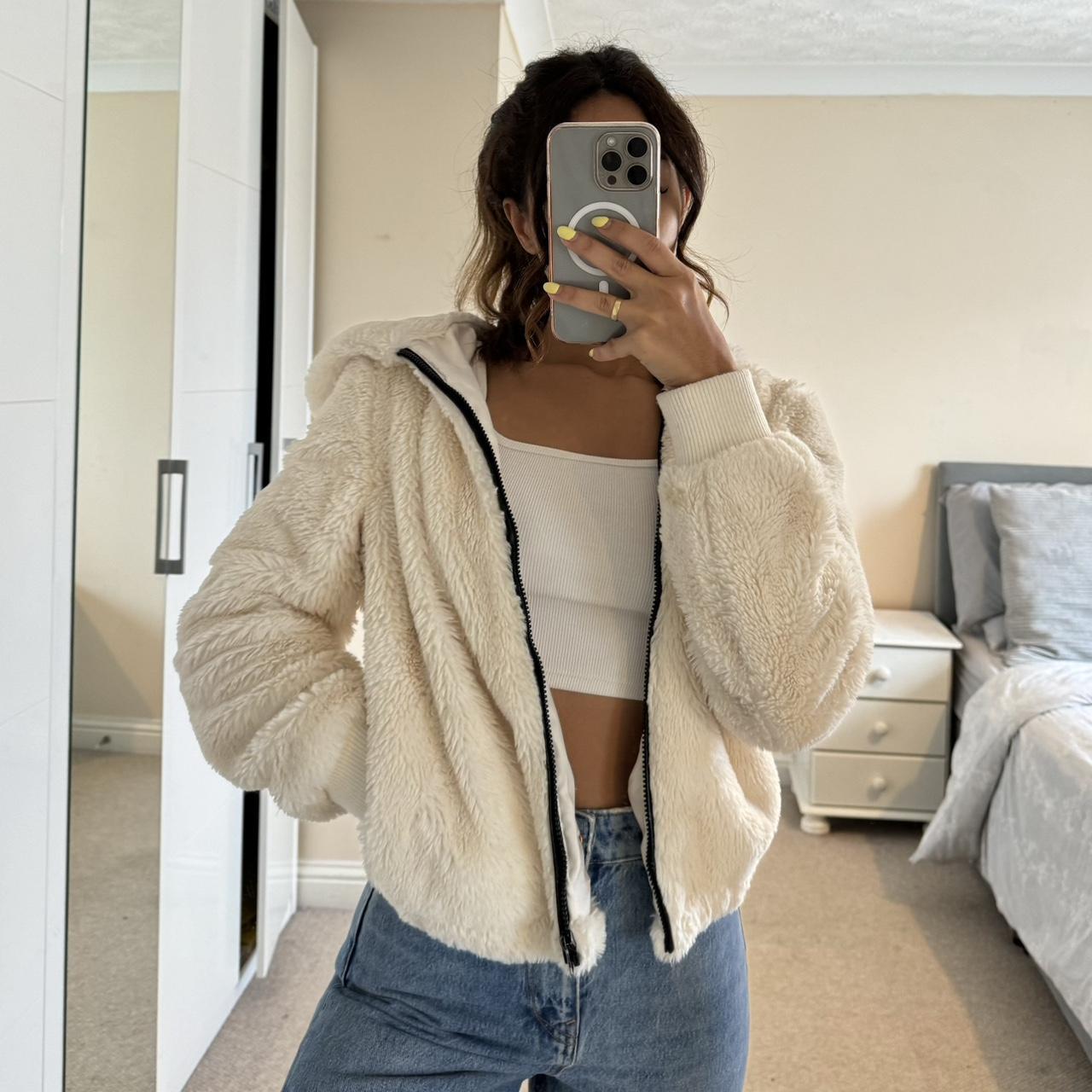 Cream fluffy bomber jacket from bershka worn but. Depop