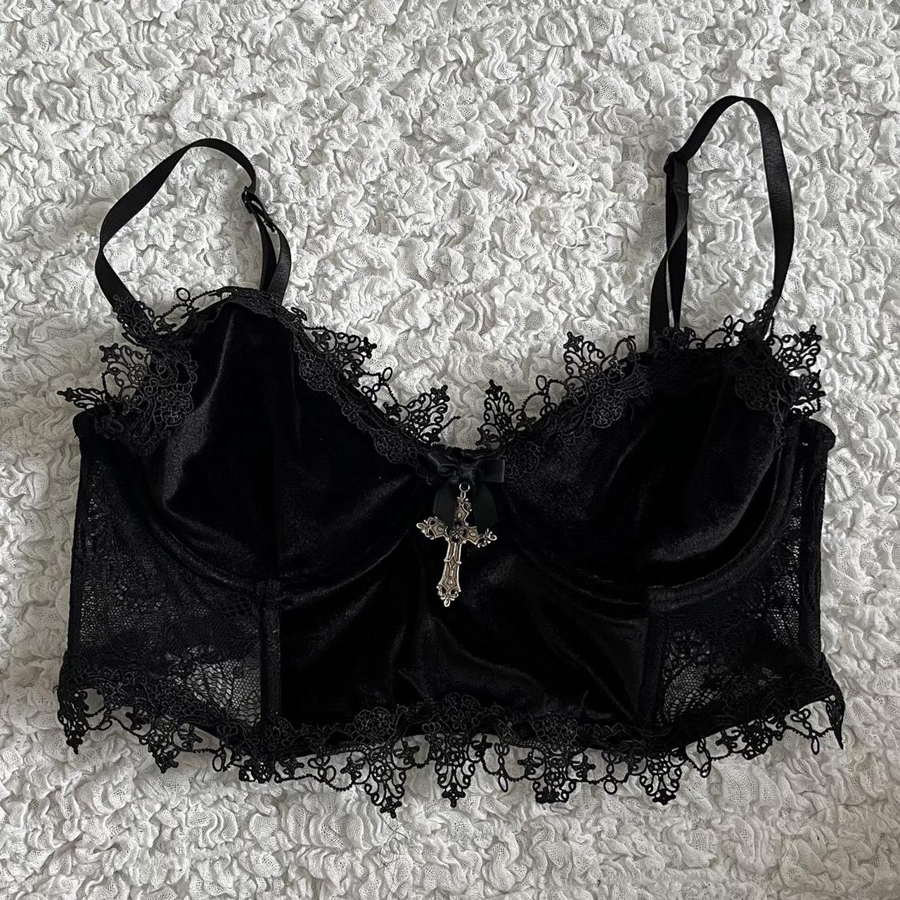 𖤐 Dolls Kill Widow Black Velvet And Lace Corset Crop Depop