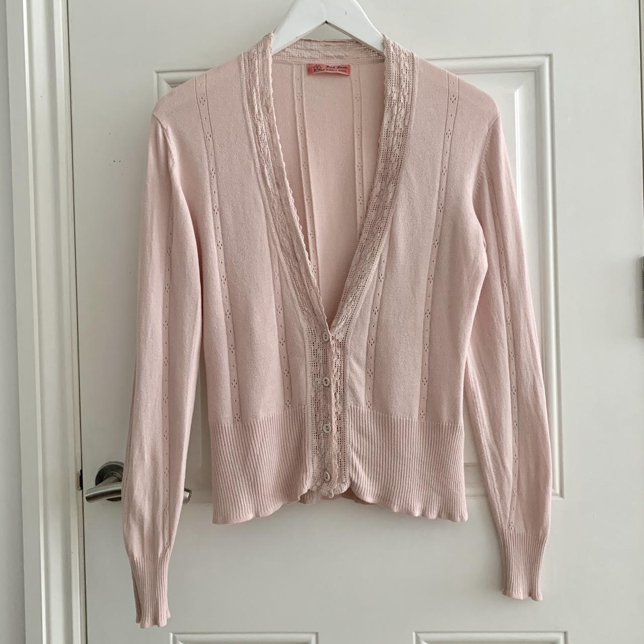 Vintage pointelle baby pink cardigan with lace trim.... Depop